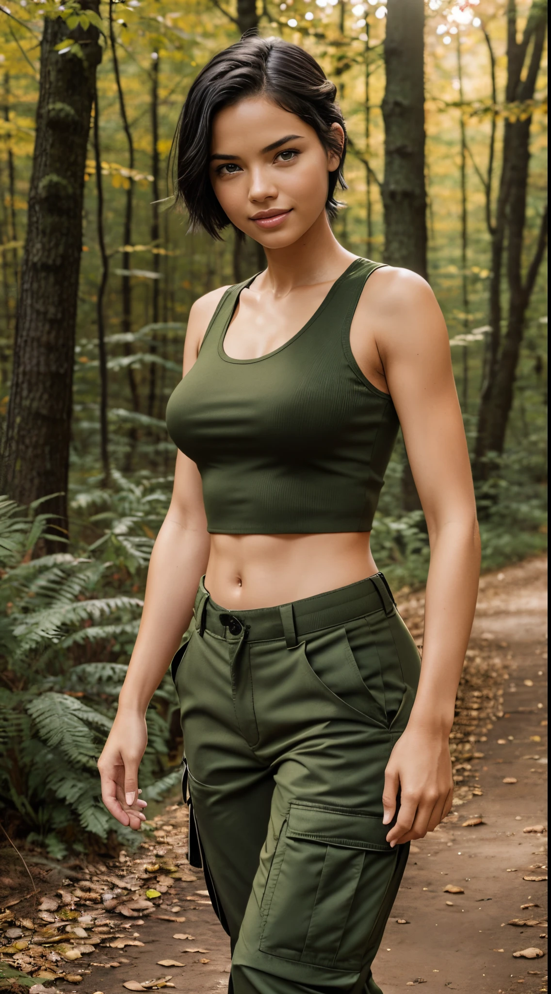 Foto hiperrealista en primer plano de Adriana Lima,, masterpiece, best quality, (photorealistic:1.4), full body, (army green tank top:1.1), (army green cargo pants:1.2), fall hiking in the forest, romantic sunset, fall colors, cinematic light, beautiful woman, skinny, medium breasts, black short hair (bob short hair:1.2), ponytail hairstyle, detailed face, smile, facing the camera, photo taken from a distance, age of , smile