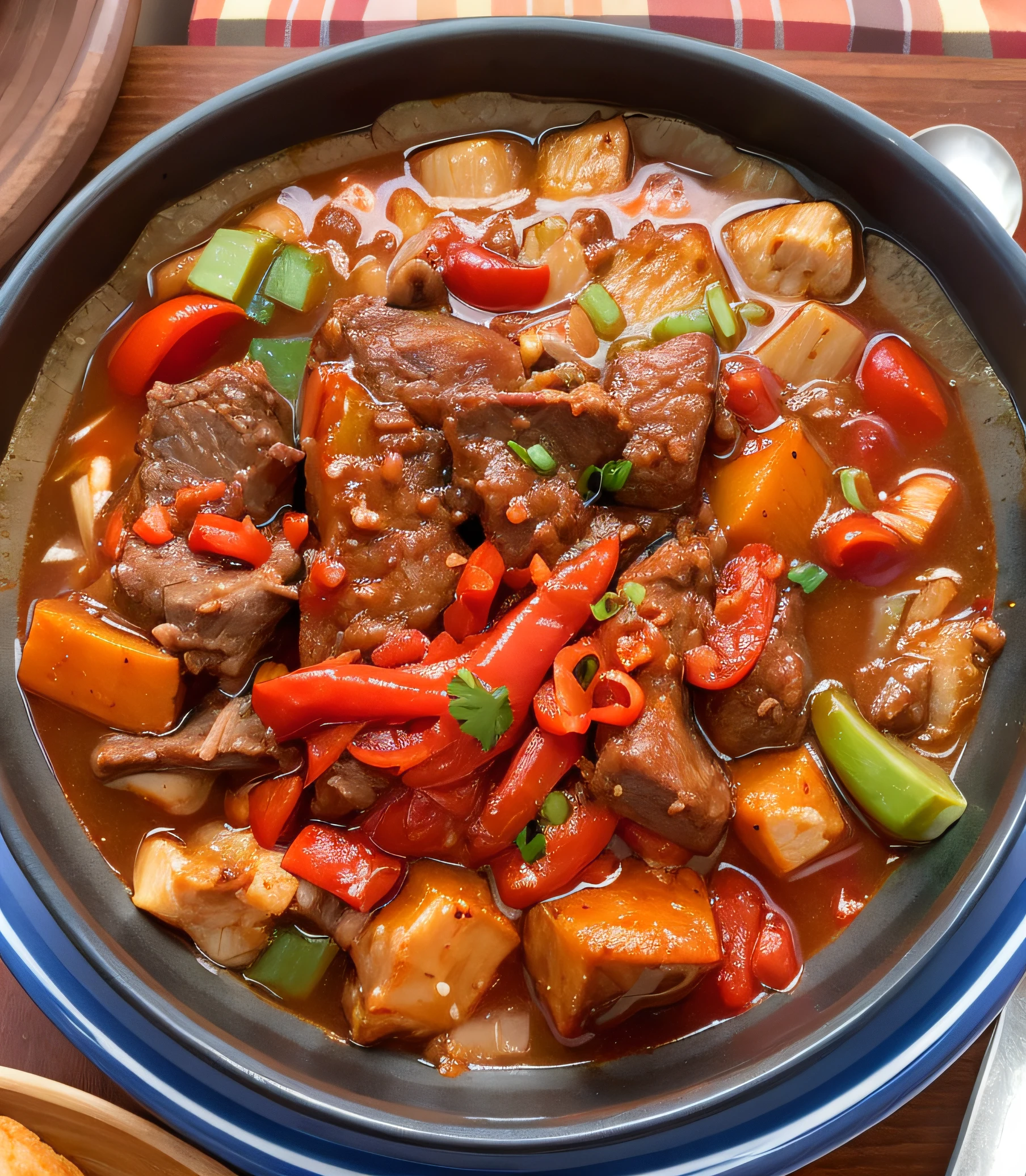 There a bowl of beef,There's meat and vegetables in it, casserole,Red soup,chili pepper,lisses,Tasty,Spicy