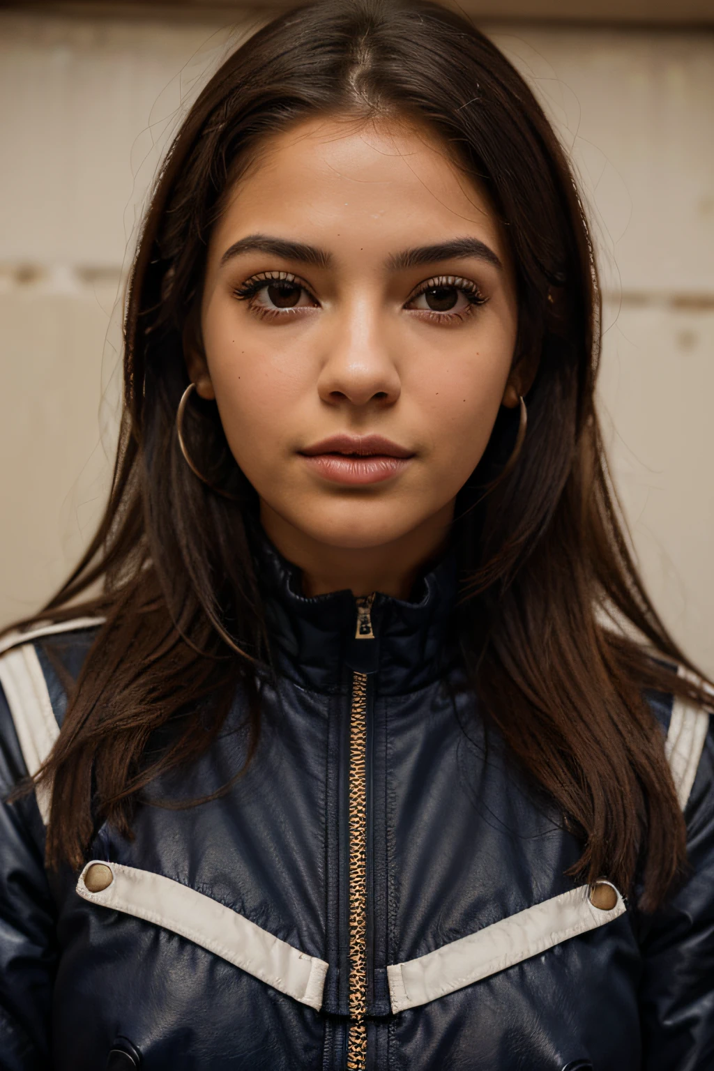 mulher arafada com jaqueta azul e brincos em frente a um espelho, Isabela Moner, franja de cortina, franja de cortina de parte central, lindo rosto latino, big cheekbones, cara muito bonita, Malika Favre, Retrato Sophie Mudd, rosto perfeitamente iluminado, small heart - shaped face, beautiful cheekbones, julia fuentes