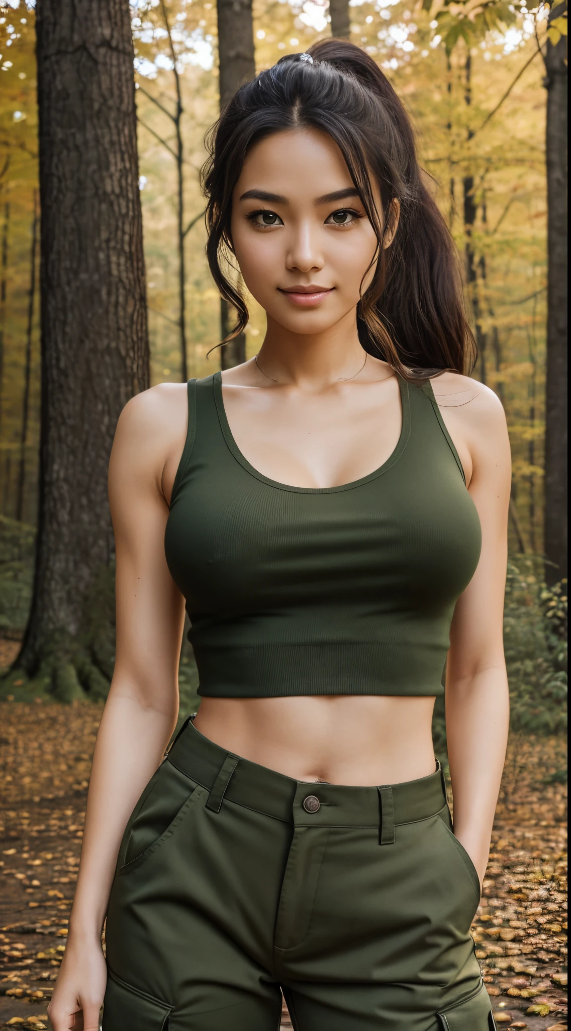Foto hiperrealista en primer plano de Willa Fitzgerald, masterpiece, best quality, (photorealistic:1.4), full body, (army green tank top:1.1), (army green boxers shorts:1.2), fall hiking in the forest, romantic sunset, fall colors, cinematic light, beautiful woman, skinny, small breasts, straight brown hair, hair in a ponytail, detailed face, smile, photo taken from a distance, age 20 tears old