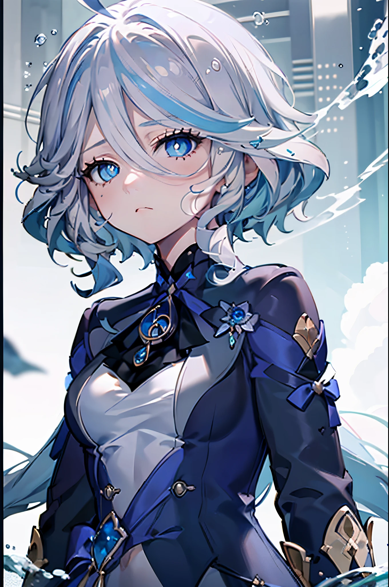 tmasterpiece, Best quality at best, 1个Giant Breast Girl, Forina, genshin impact, White hair, Blue hair, cute big breasts, Lacrimal pupils, sad, CRIT,  under the water, airbubble, Mare, fall into oblivion, Abandoned cities