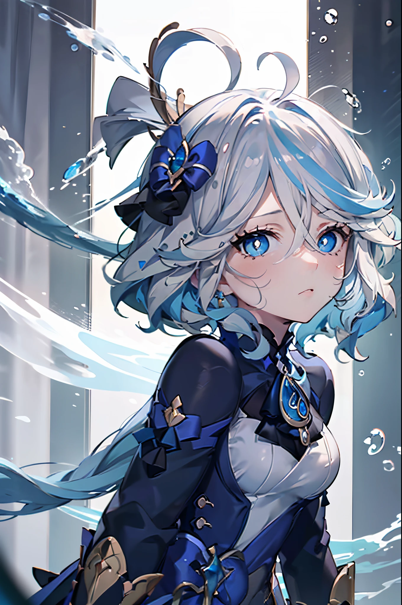 tmasterpiece, Best quality at best, 1个Giant Breast Girl, Forina, genshin impact, White hair, Blue hair, cute big breasts, Lacrimal pupils, sad, CRIT, under the water, airbubble, Mare, fall into oblivion, Abandoned cities