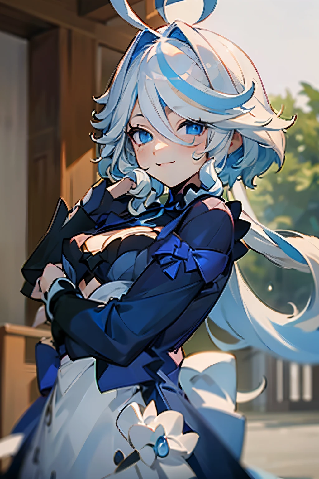 Japanese cartoon, girl, Alone, blue_The eye, has cleavage, blue_the hair, The white_the hair, the hair_between_The eye, By bangs, ssmile, the bow, ahoge, Multicolored_the hair, long_the hair, focal, the maid outfit, Cafe background, White apron