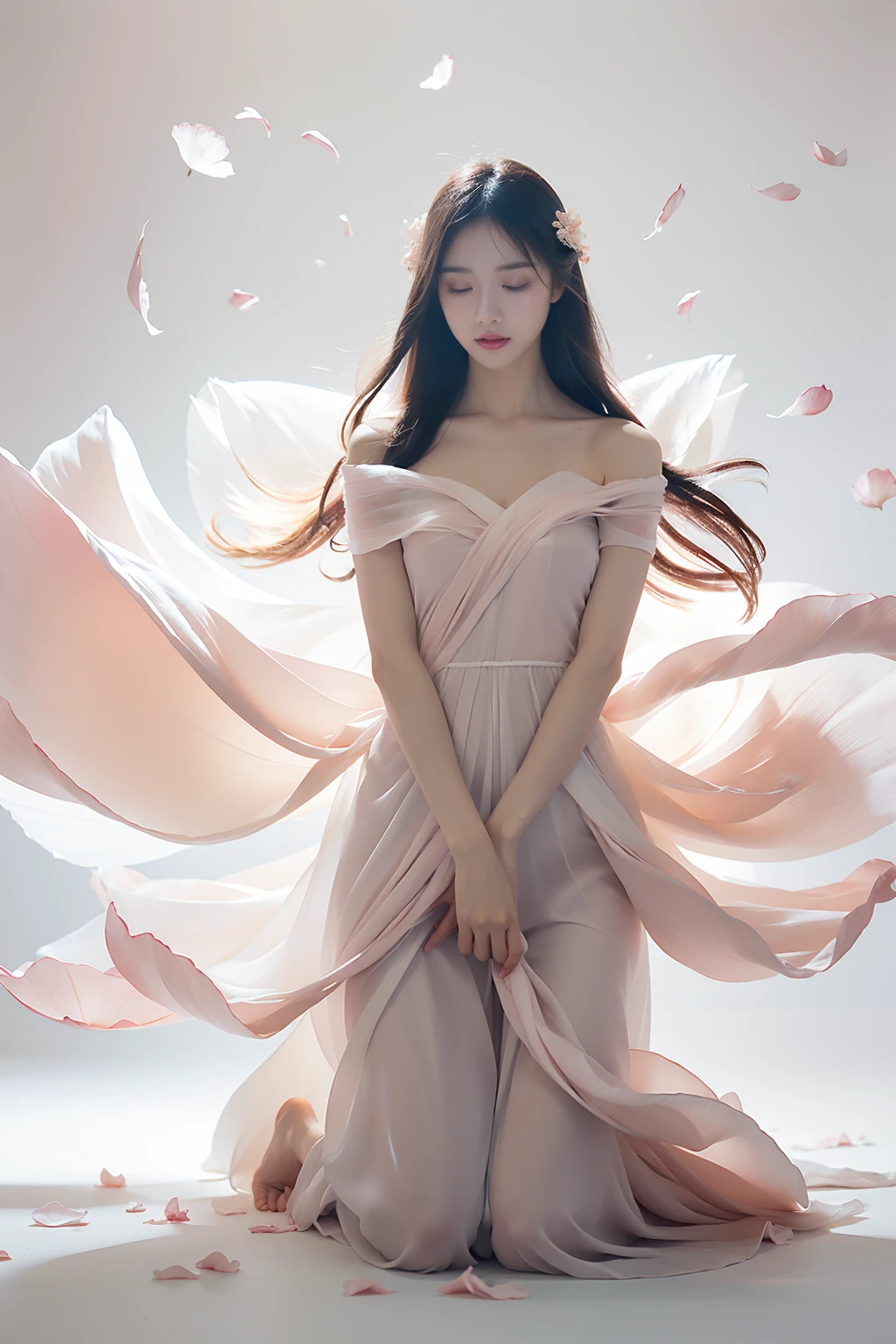 Light pink and light white tones,full bodyesbian,  white backgrounid, Natural lighting, Efeito de Luz, minimalist, Elegant, pure tenderness, softlighting, realisticlying. A woman who  (鎖骨, bshoulders,) posing on a (pray and stand) A super giant lotus with large and long petals (Petals are made of thin, soft gauze fabric, Full background of flowing petals, floating petal, super flying petals, Smoke effect mixed with petals), Lotus dress,(()).