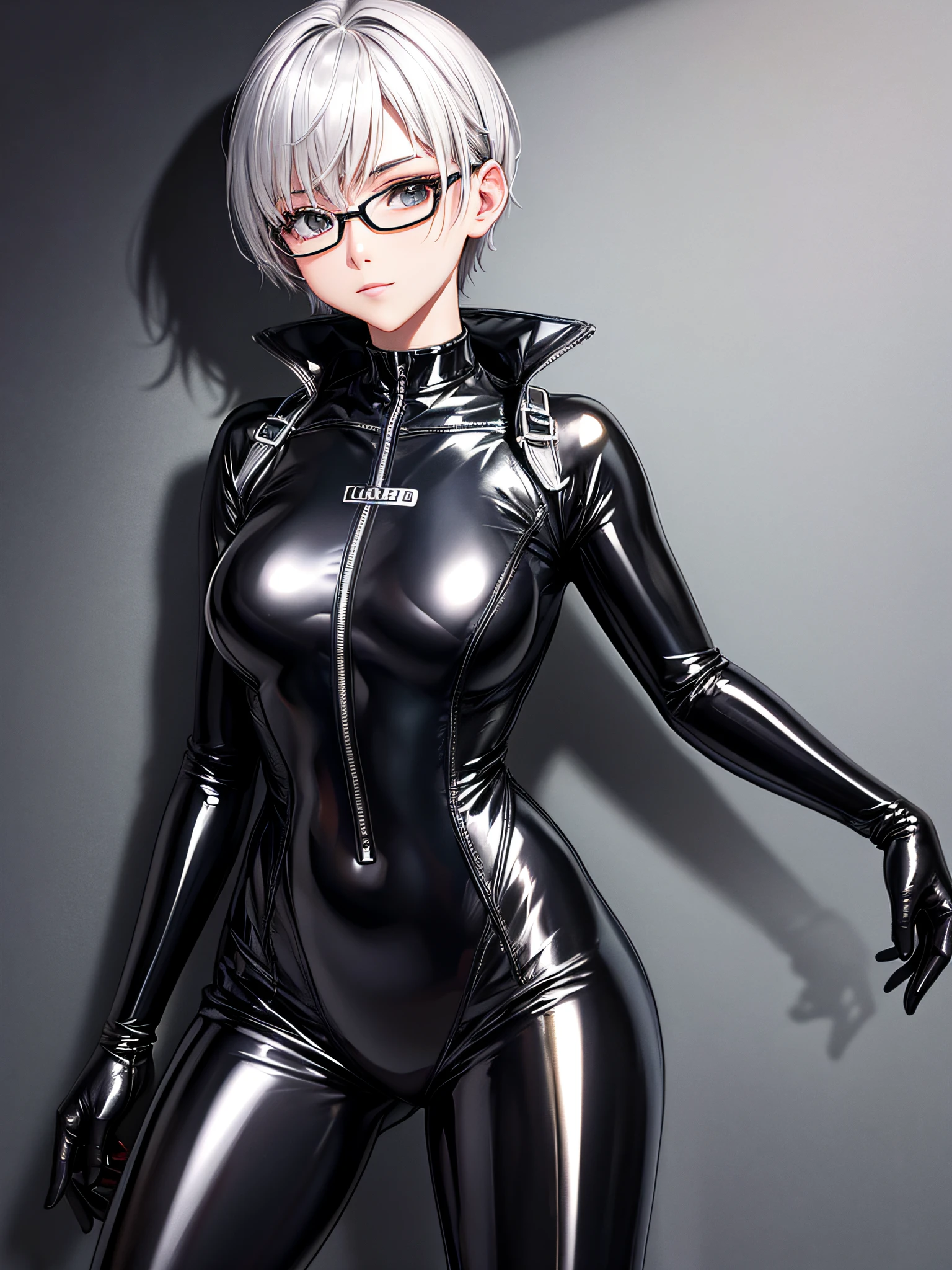 5 8K UHD、A silver short-haired beauty in glasses and a black latex sweatsuit poses with legs apart、Shiny black latex sweatsuit with hidden skin