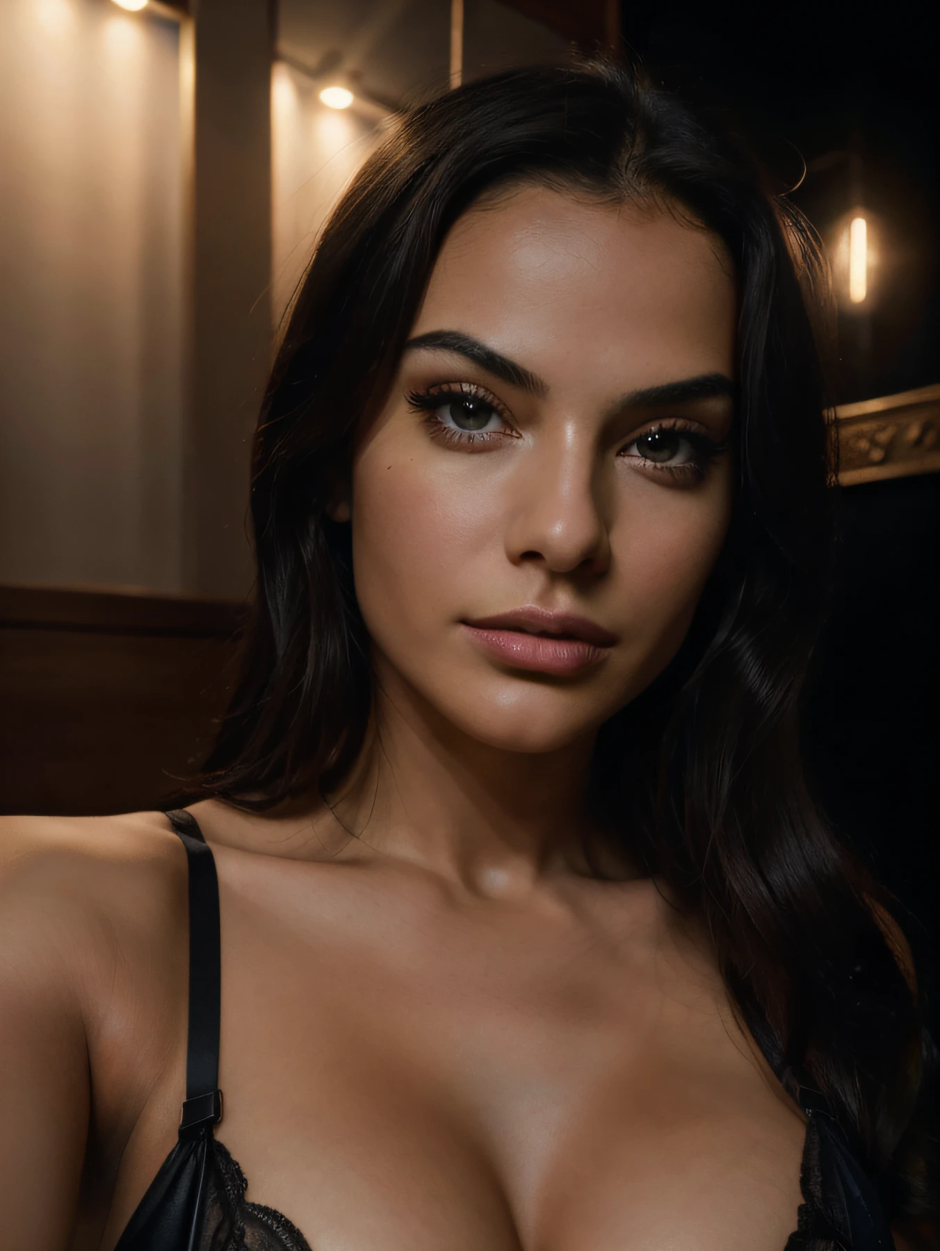 Absurd resolution, high resolution, (masterpiece: 1.4), hyper-detail, hyper-realistic, beautiful araffed woman in sexy lingerie, angry, rage, night, light portrait, Instagram model, cleavage, beautiful latin face, beautiful body and face, beautiful woman, beautiful and detailed body and face, beautiful face and figure, natural makeup, photorealistic, RAW, skin texture, film grain, best shadow, selfie, 55mm, ultra HD, film grain