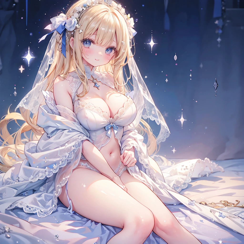 1人、starry sky and big breasts、、cleavage of the breast、star eyes、pale blonde soft long hair、white lace dress with sparkling stars、Large ribbon、Big Star、Star brooch、collect stars、lace cape、Lace veil、Navel Ejection、Stargirl、star princess、A smile、I'm not wearing underwear、cuddling、I'm kissing
