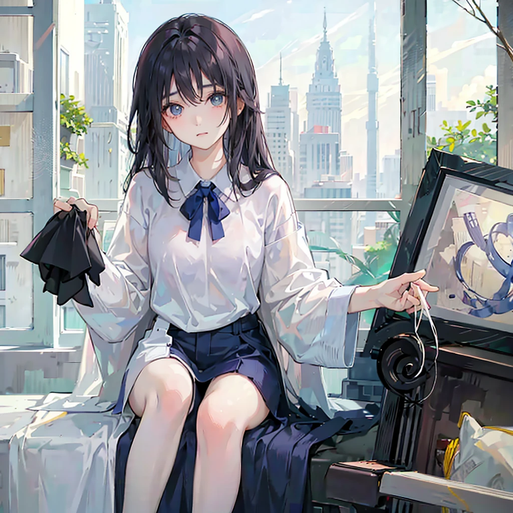 A girl before 13 years old,pale-skinned,The long, Blue straight hair. Large, dark eyes , The expression strong and mysterious. in a bikini, More elegant、A more refined touch, Smooth skin. All-encompassing, Her appearance will be eye-catching, Attract curious and curious eyes. Bigchest, 电影灯光, color difference, The light from the back window backlighted, tmasterpiece, high detal, high qulity, 4K.