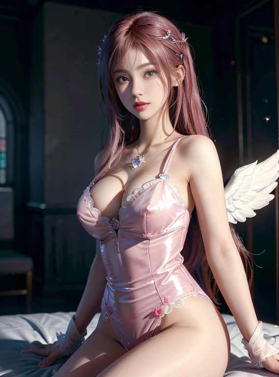 (((​masterpiece))), super detailed, (Frivolous expression), Pink latex, ((Super cute and gentle face)), ((Angelic face)), ((Incredibly beautiful eyes, (Bright eye), (full bodyesbian), (bright hair), Super ???? hair, O cabelo multicolorido, (Delicate and perfect tricks), (Perfect ???????), Super delicate , ????  pose, (Super fine face), Delicate features, ultra-detailliert, Better Quality, Cinematic lighting, seductive beauty, ???? appearance, Lovely background of stars