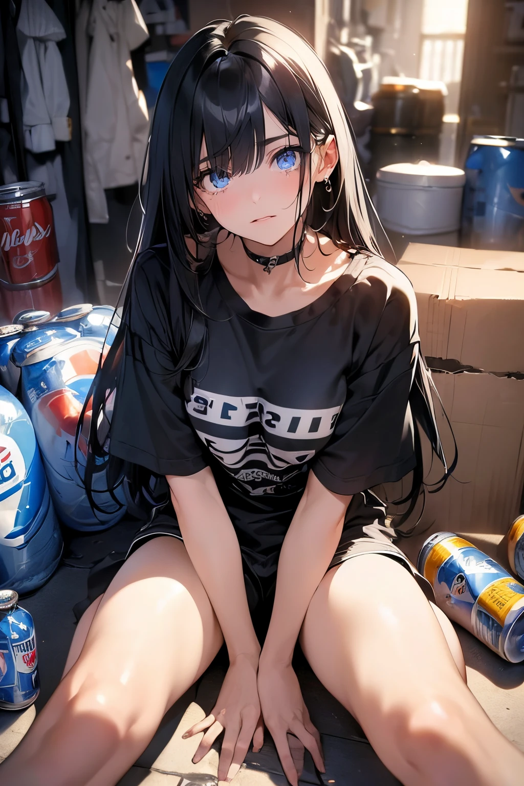 prompt:scene:0.9, (masterpiece), (((ultra detailed, 8k quality))), high quality, (a girl in an oversized black t-shirt, sitting on knees), (long black hair, side bangs, full body:0.7), ((torso)), perfect fingers, wide shot:0.7, expressive sapphire blue eyes, (looking at viewer with pleading eyes, black hair, side bangs, expressive blue eyes:0.7, distraught, sad, (depth perception:0.7, messy apartment background, blurry background), 25 years old, (distanced), ((tears in eyes)), horrified, facing viewer, 18 years old, (perfect legs), empty beer cans, garbage bags, dirty laundry
