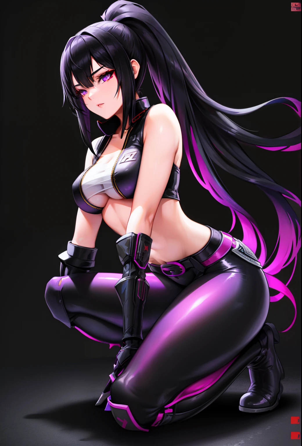 Beautiful Girl, Full body, Tousled Long black hair and high ponytail, purple eyes with slit pupils small breasts, ((Pose Seductive:0.8)), (street style wear:1.2), ((Tight-fitting pants)), ((Knee High Leather Boots)), (dark city night black background:1.4), (light_Smile:0.5), Dark makeup, Digital Art, Trending on ArtStation, Highly detailed, Fine detail, Convoluted, Beautiful detailed glow, Detailed, Cinematic Light, hight resolution, detailed facial features, Sharp Focus, Smooth, Aesthetic,