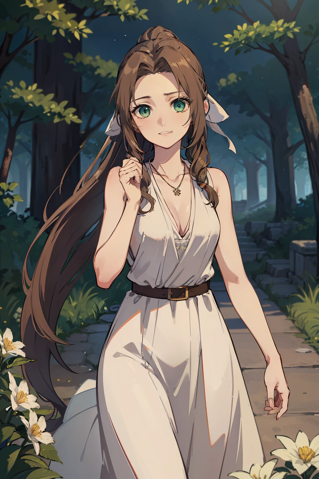 (high-quality, breathtaking),(expressive eyes, perfect face) 1girl, female, solo, young adult, young woman in 20's, brown hair, green coloured eyes, stylised hair, gentle smile, long length hair, loose hair, side bangs, curley hair, tied up, ribbon in hair, ponytail, ancient greek clothes, elegant , Aerith Gainsborough, long white dress, necklace with a flower pendant, demon slayer art style, sleeveless dress, black belt