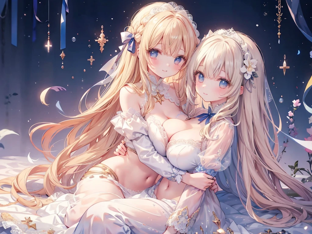 1人、starry sky and big breasts、、cleavage of the breast、star eyes、pale blonde soft long hair、white lace dress with sparkling stars、Large ribbon、Big Star、Star brooch、collect stars、lace cape、Lace veil、Navel Ejection、Stargirl、star princess、A smile、I'm not wearing underwear、cuddling