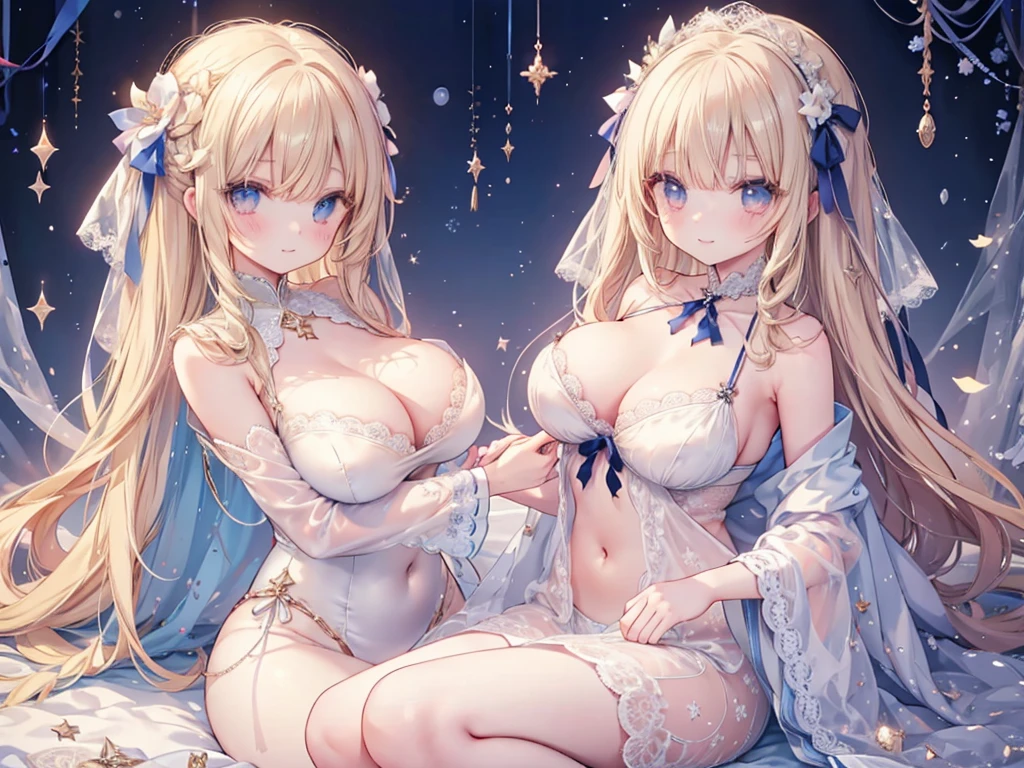 1人、starry sky and big breasts、、cleavage of the breast、star eyes、pale blonde soft long hair、white lace dress with sparkling stars、Large ribbon、Big Star、Star brooch、collect stars、lace cape、Lace veil、Navel Ejection、Stargirl、star princess、A smile、I'm not wearing underwear、cuddling