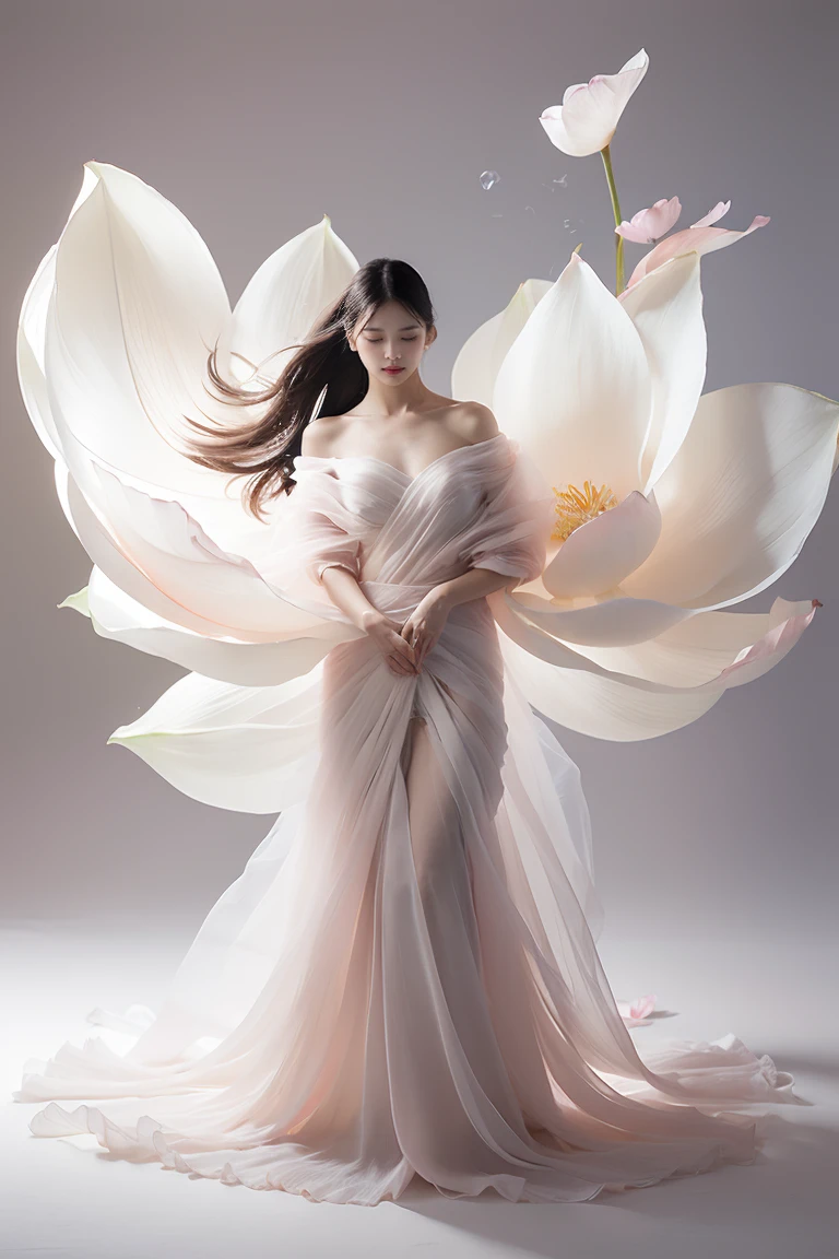 Light pink and light white tones,full bodyesbian, white backgrounid, Natural lighting, Efeito de Luz, minimalist, Elegant, pure tenderness, softlighting, realisticlying. A woman who (鎖骨, bshoulders,) posing on a (pray and stand) A super giant lotus with large and long petals (Petals are made of thin, soft gauze fabric, Full background of flowing petals, floating petal, super flying petals, Smoke effect mixed with petals), Lotus dress,(()).