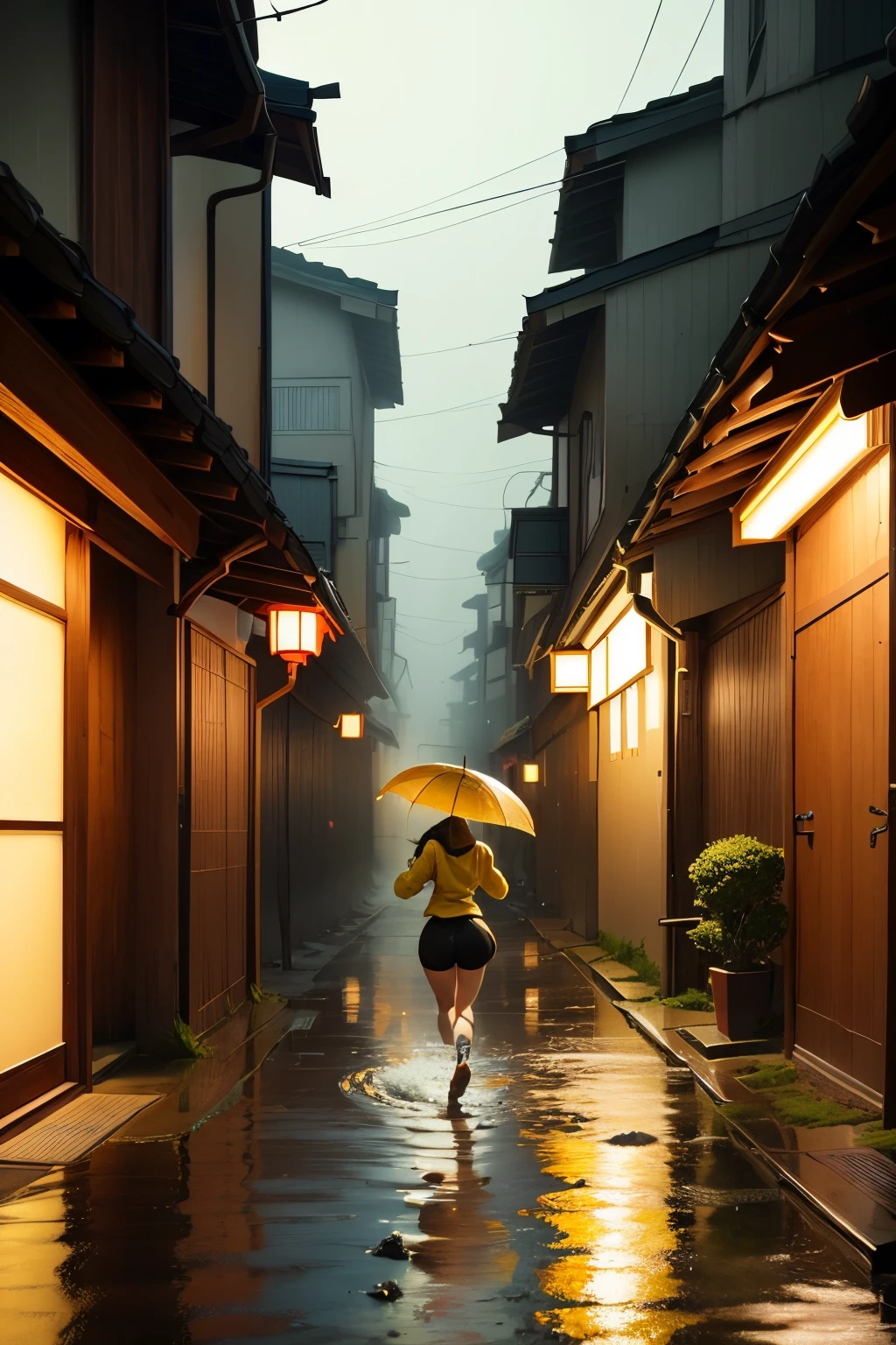 ((best quality)), ((masterpiece)), (detailed) a little japanese girl running in foggy and rain weather, with an old and yellow umbrella, through the lonely alleyways of tokyo. Imagine the world to be rendered in soft watercolour like shaders, similar to the game Journey. The rain falls gently and creates a melancholic vibe, the water is logged in the floors till ankle for the girl. Add stylized lights to the scene