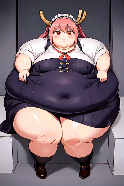masterpiece, best quality, obese body, fat arms, fat belly, thick thighs, fat big butt, horns, tohru \(maidragon\), dress maid, dragons tail