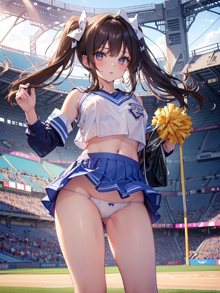 1womanl、Solo、(Super beautiful)、(beauitful face:1.5)、(A detailed face:1.5)、(A detailed eye:1.1)、(Detailed lips:1.1)、(Detailed nose:1.1)、25-years old、Professional Baseball Team Cheerleading、(blue cheering uniform:1.1)、(white panties:1.u can see the shape of the nipple、makeup、(wetted skin)、Brown hair、(a miniskirt:1.5)、(Bare legs:1.3)、Cheering seats in the stadium、(Sky from below:1.1)、(Full body shot:1.2)、(At SFW:1.5)