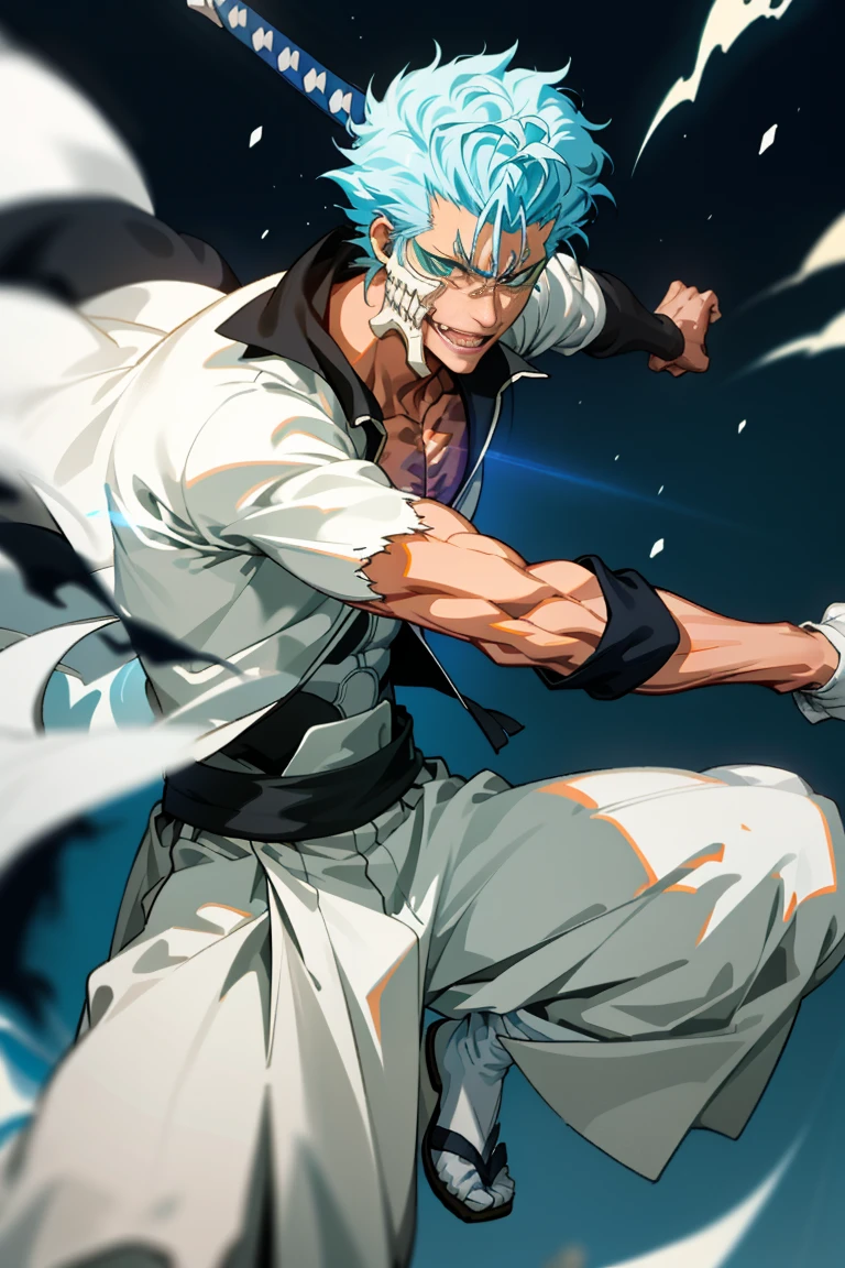 masterpiece, best quality, 1boy, grimmjow jaegerjaquez, at night, night, low light, natural light, fighting pose, white pants,  white jacket, smiling with tongue out, damaged clothes, damaged skin, street, japanese street, low light, light rays, aura power, floating particles, doing a power,  holding a katana, zanpakutou, angry eyes, angry face, smiling, looking ahead, male focus, strong muscles, movie composition, deth of field, bokeh