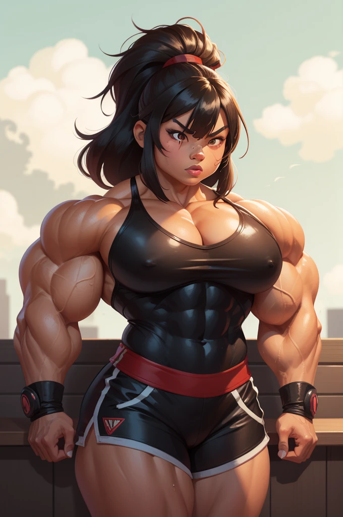 a striking Asian muscle woman with an imposing presence with facial features that are bold and determined, complemented by intense eyes that reflect both confidence and a hint of mischief. flexing muscles wearing red muscle shirt and black short shorts, her hair straight, jet-black flowing down her back, adding to the dynamic aura she carries, muscle woman, big muscles, huge muscles, massive muscles, muscle girl, light skin,