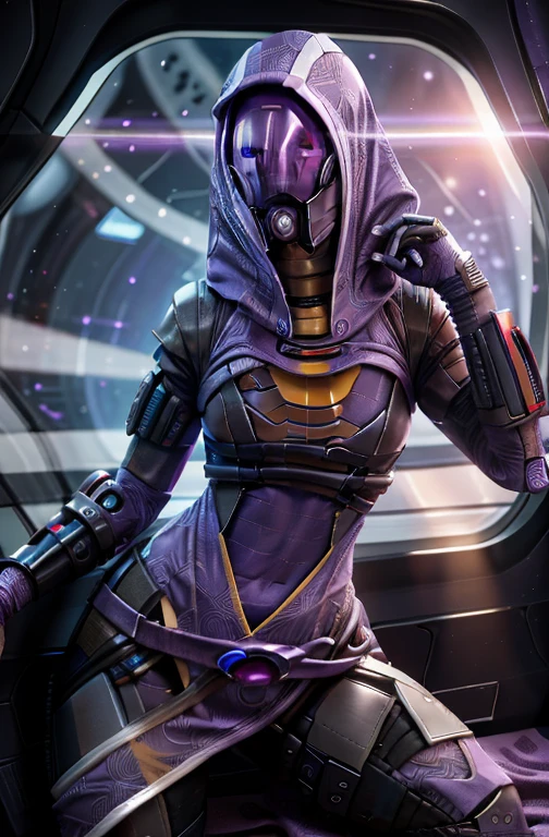 tali, 1girl, solo, hood, purple bodysuit, mask, (helmet, faceless), hood up, alien, inside, Tali'Zorah, mass effect fantasy,  scifi woman, mass effect style, purple armor, full body portrait