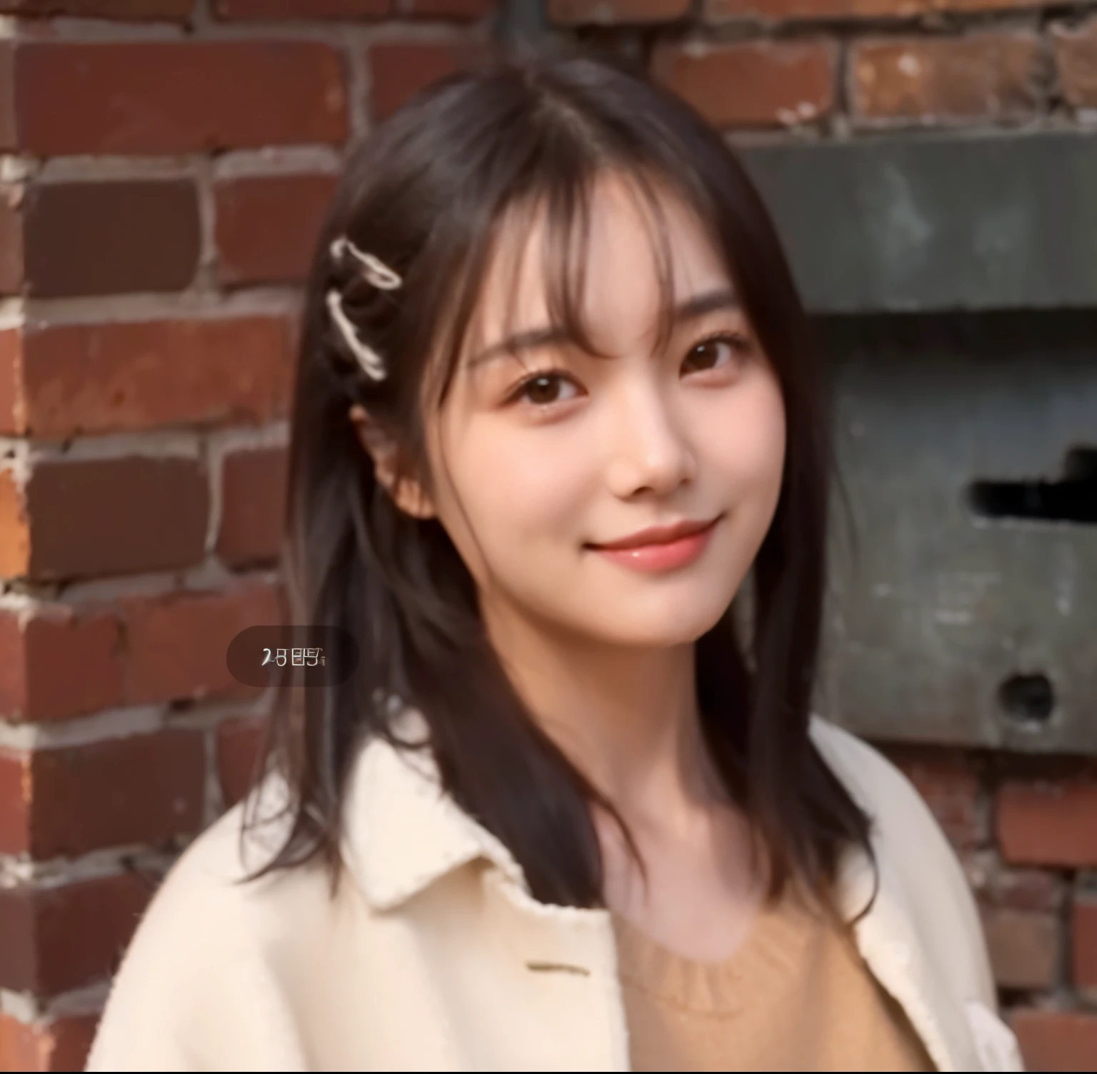 Couple with long hair and tan sweater standing in front of brick wall, cute korean actress, Avatar profile picture, She has black hair,With bangs, She has a cute and expressive face, Cute Korean face, she has a cute face, Young and cute Korean face, Qi bangs hair, With bangs, Di Li Gerba