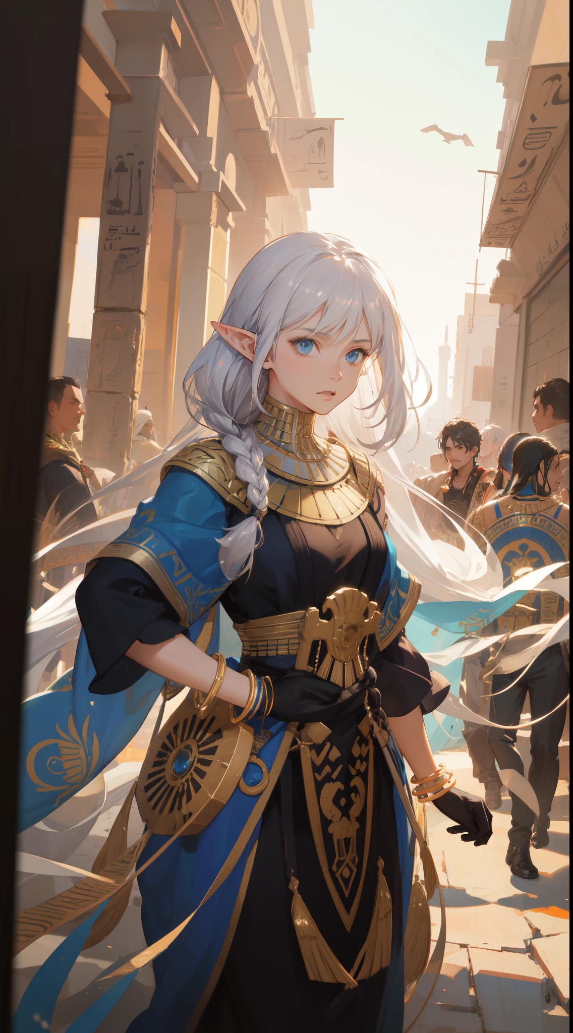 ((Best quality, 8k, Masterpiece :1.3)), young elf woman,  Bangs, sidelock, Braid, silver hair, blue eyes, egypt concept, Egyptian clothing, Ornate bracelet, with an egyptian embroidered, bright eyes, sweet expression,perfect face, detailed eyes, arches, middle east egyptian town, (people crowds past:0.8), egyptian people middle East, dynamic composition, craig mullins, (dynamic angle), (depth of field:1.2), intricate insanely detailed,sharp focus,aestheticism,art by Artgerm, by wadim kashin, by Kawacy, by Yusuke Murata