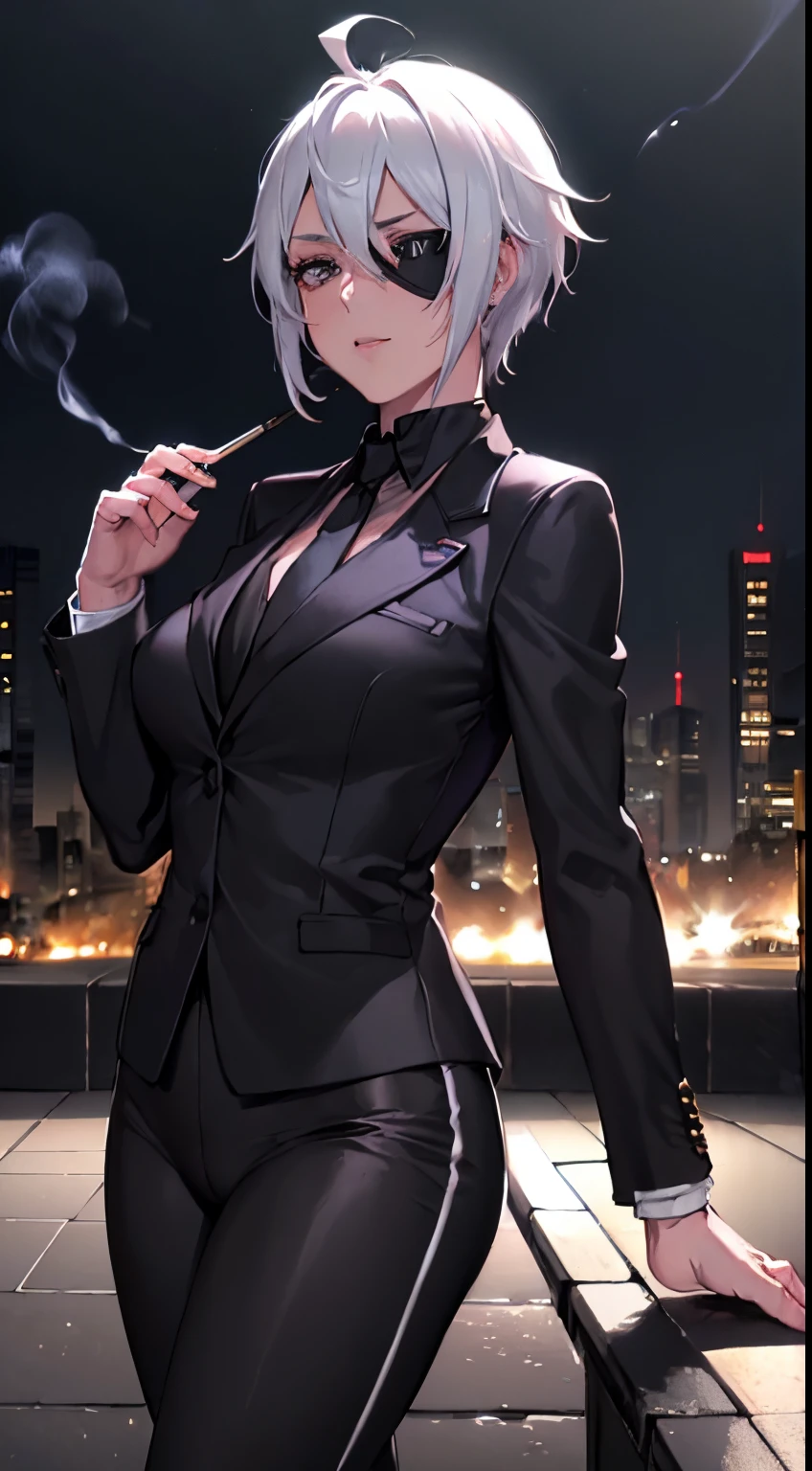 (Highres,4k,best quality:1.2),ultra-detailed,Female,short white hair,black eyes,ahoge,black suit,black pants, eyepatch,city background,portrait,professional lighting,realistic colors,sharp focus, holding cigarrete, smoke from cigarrete