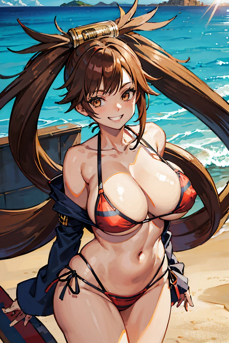 1girl in,Hair Ornament,Huge breasts,bikini of,Beach,Smile,grin
