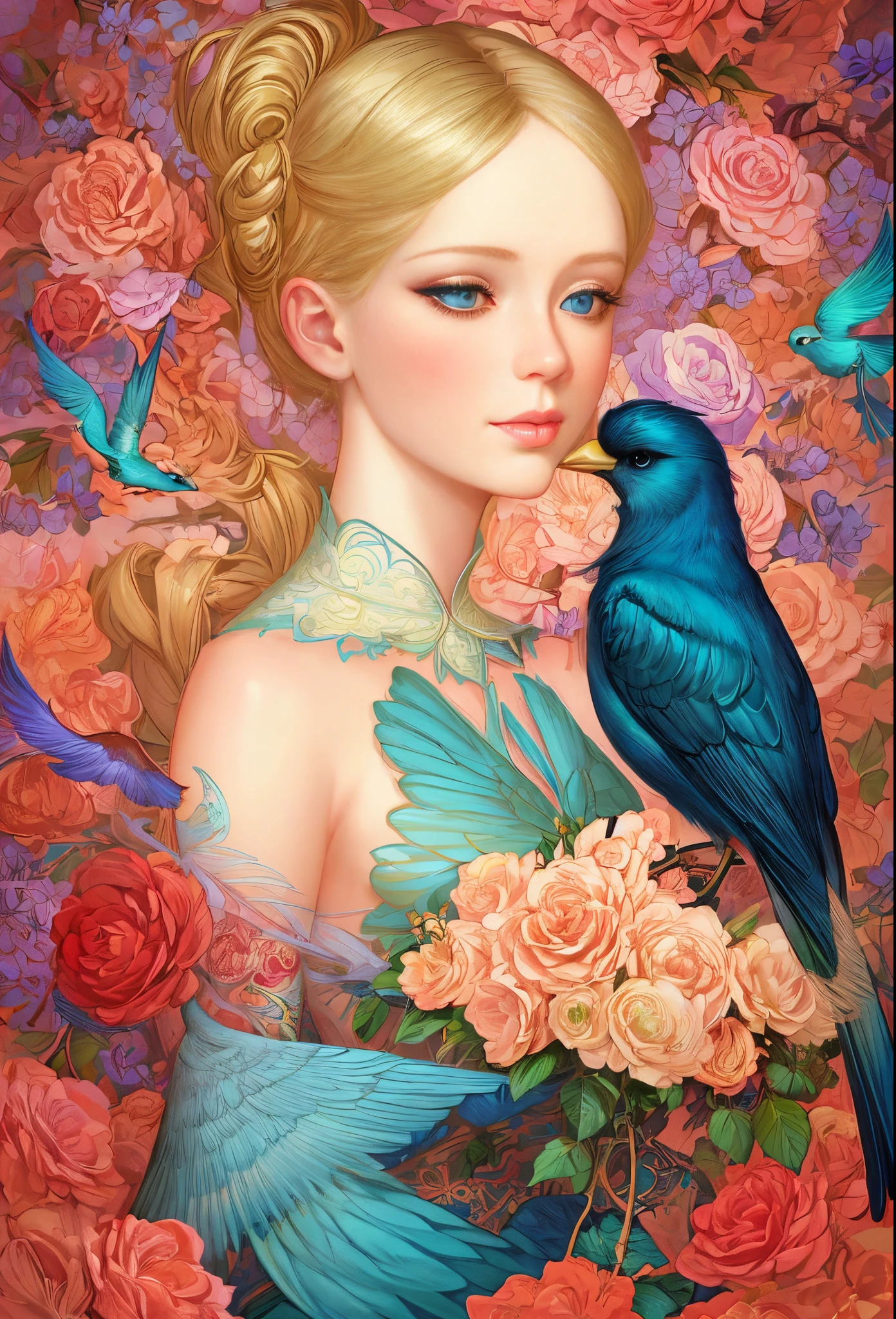 Tonal design, blond woman with blue eyes and a bird in a floral background, exquisite digital illustration, stunning digital illustration, beautiful digital illustration, in style of anna dittmann, anna dittmann alberto vargas, inspired by Hsiao-Ron Cheng, natalie shau tom bagshaw, a beautiful artwork illustration, elegant digital painting, james jean and wlop, beautiful digital artwork, small tit