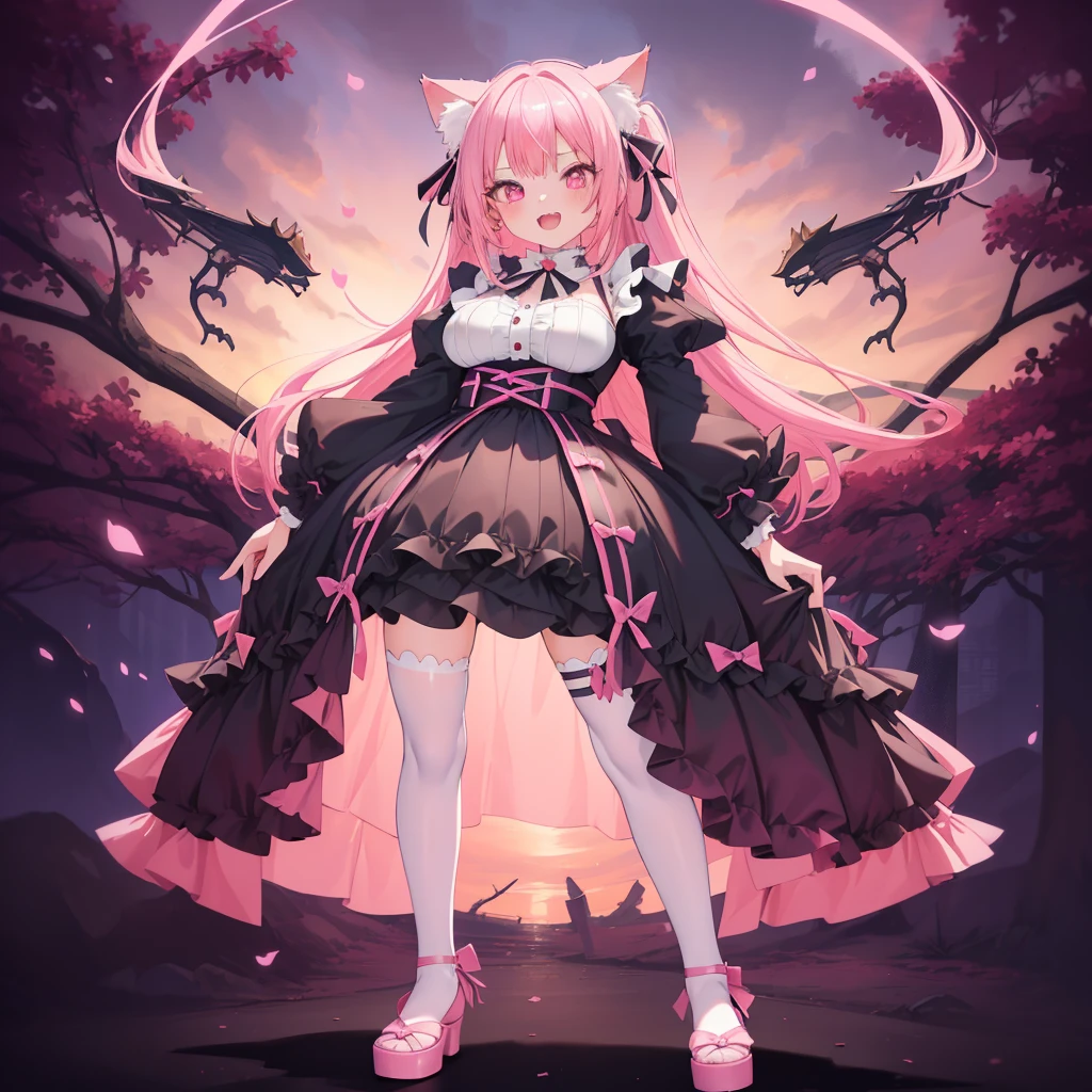 (masutepiece, Best Quality, High resolution: 1.2), 1 girl, Standing Solo, single character full body, full body concept, detail pink big eyes,Gothic lolita, Pink hair, Cat ears,Style ArtGerm, Full Body Detail 4K，Devilish smile with wide open mouth，And its detailed full-body detail 4K，(symple background)