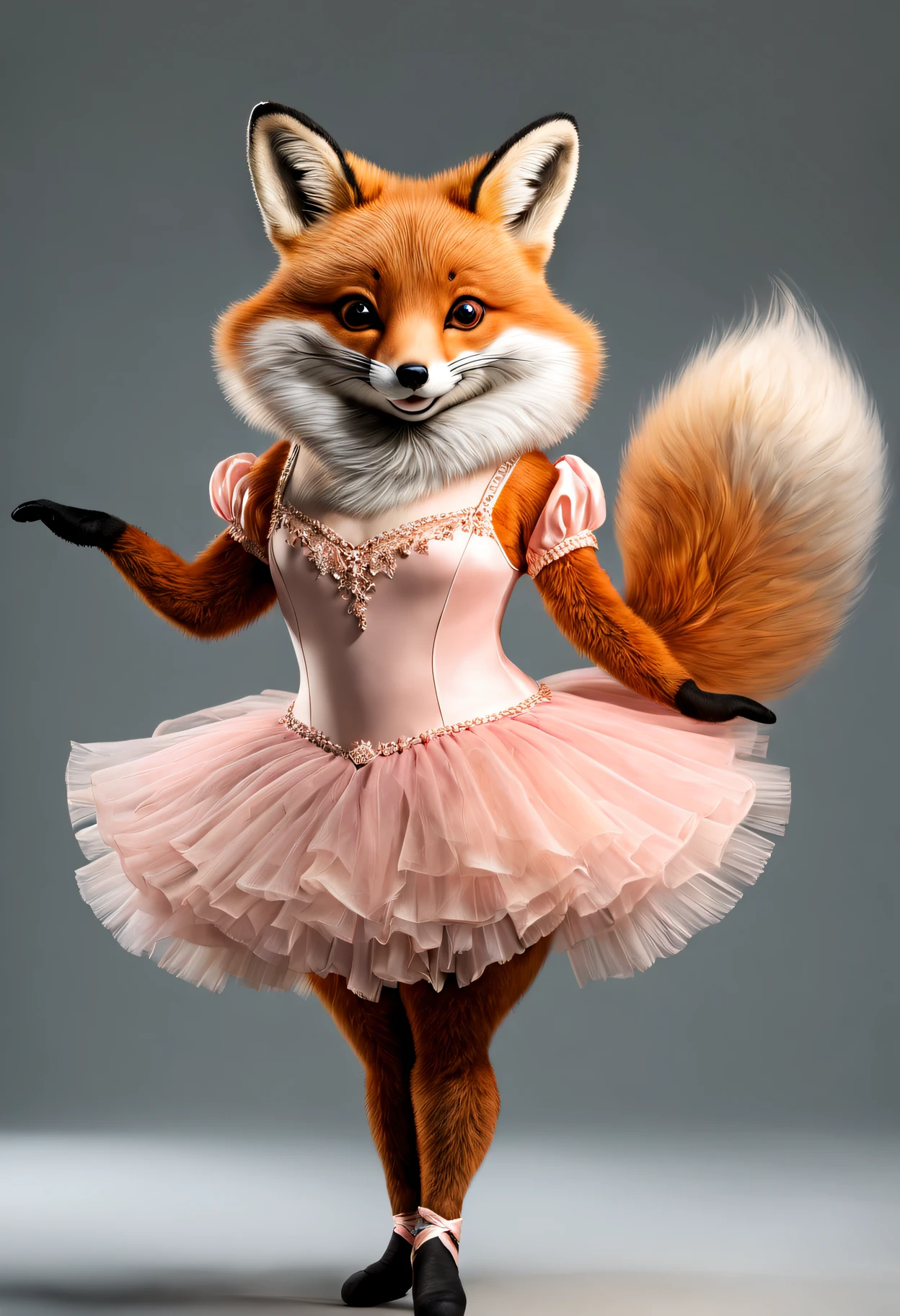 photorealistic portrait of Dressed animals - a ((fat)) red fox ballet dancer,( ballet action posing), fluffy body, high quality,(lovely) ,intricate details, highly detailed ballet costume ,highly detailed tutu, (happy), studio lighting,(full body image:1.5)