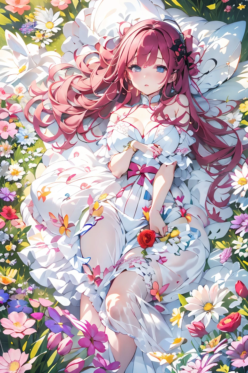 Silence、parfect anatomy、one girls、Very delicate and beautiful woman、Longhaire、Natural look、Keep your mouth shut、lying in a beautiful flower field、、colorful flower、florals々、Lying on your back、White luxury dress:1.3、artistic、top-quality、ultra-detailliert、masuter piece、8k、Captured from above、Professional Photographer、50mmlens