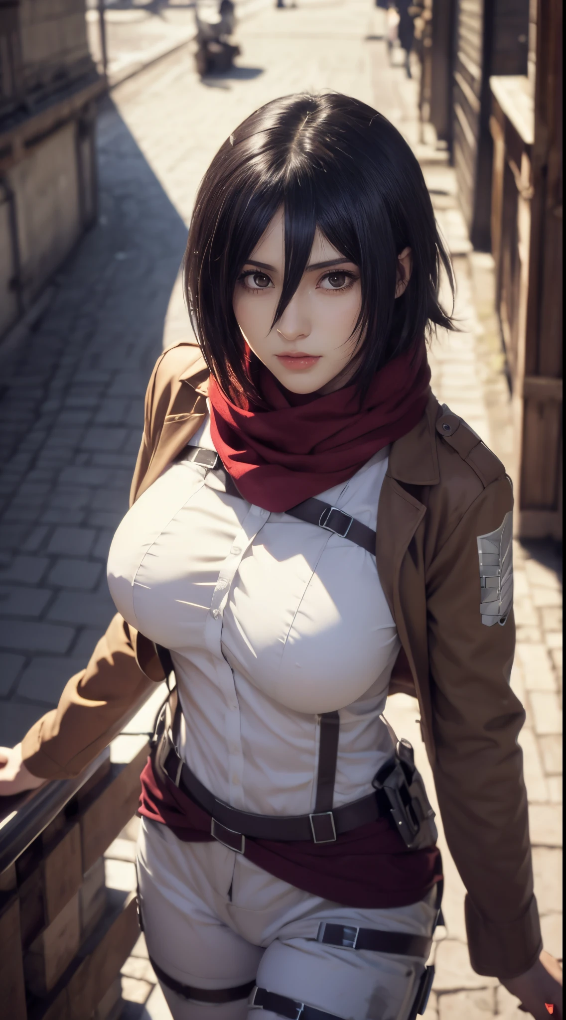 masuter piece, Best Quality, 超A high resolution, top-quality, Anime style, The best lighting, Beautiful face, Frame from below, Photo below, look from down, Sexy, Combat stance, Half naked, Shirt unbuttoned, hesitate, Erotica, super grand composition, aot style, shingeki no kyojin, Mikasa Ackerman, 1girl in, in full height (body full 1.1), Hand Strap, quiff, A dark-haired, Black pants, breastsout, green colored eyes, Hair between the eyes, wicket, long sleeves, look at viewr, average breasts,, breeches, red scarf, scarf, Shirt, Short Hair Hair, Roof the city, roof, Sun, In the air, I have a blade in my hand, jump, Smoke, 独奏, hip belt, white shirt, scientific research building \(emblem\), ((tmasterpiece)), top-quality, , hooligan, waist, Leg Sap, Buttocks, breastsout, (body full 1.1), Camera from above, Frame seen from above, the night, A light, look at viewr, ssmile, grin, criminal, laught, a cool anime 8k, Clean and detailed anime art, 4k manga wallpapers, Подробный портрет Anime Girl, Anime 4K Style, Anime Art Wallpapers 4K, Anime Art Wallpaper 4K Masterpiece, Gorgeous, Best Quality,