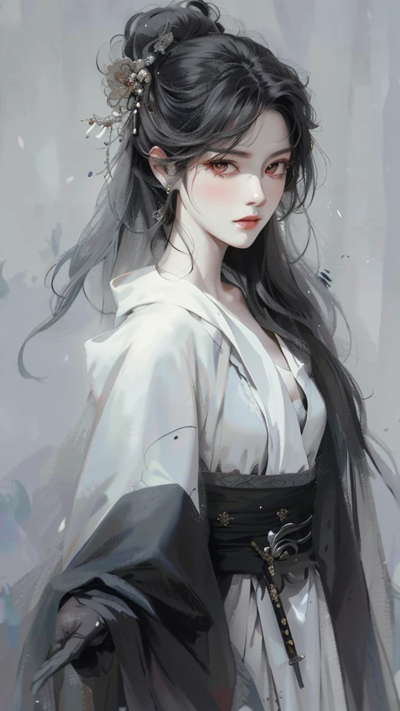 tmasterpiece, Superb Style, raining day, Chinese, Ancient China, 1人の女性, light gauze dress, ink and watercolor painting, Mature woman, Silver white long haired woman, Hair over the shoulder, pale pink lip, unconcerned, serious, By bangs, assassins, The sword, white clothes, bloods, Blood stains on the face, detail in face, the right proportions, The painting was created in the Guvez style,Oil painting depicting a long-haired woman. The entire painting dominated by white and black. Woman's face very realistic female face, loved by the audience. Presented in a meticulous painterly style. Woman with white hair like snow, The eyes seem to be filled with watery red eyes, exuding a mysterious atmosphere, Women dress elegantly and delicately, The whole painting shows great skill.
