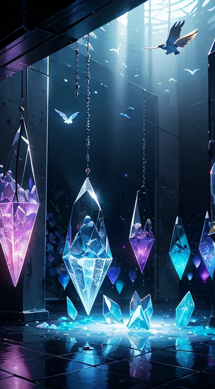 crystal caves, crystal, crystal rocks, crystal flowers, crystal birds, reflection, rays, illumination, glowing particles, caustics, ultra realistic illustration and highly detailed digital render, photon mapping, radiosity, physically-based rendering,