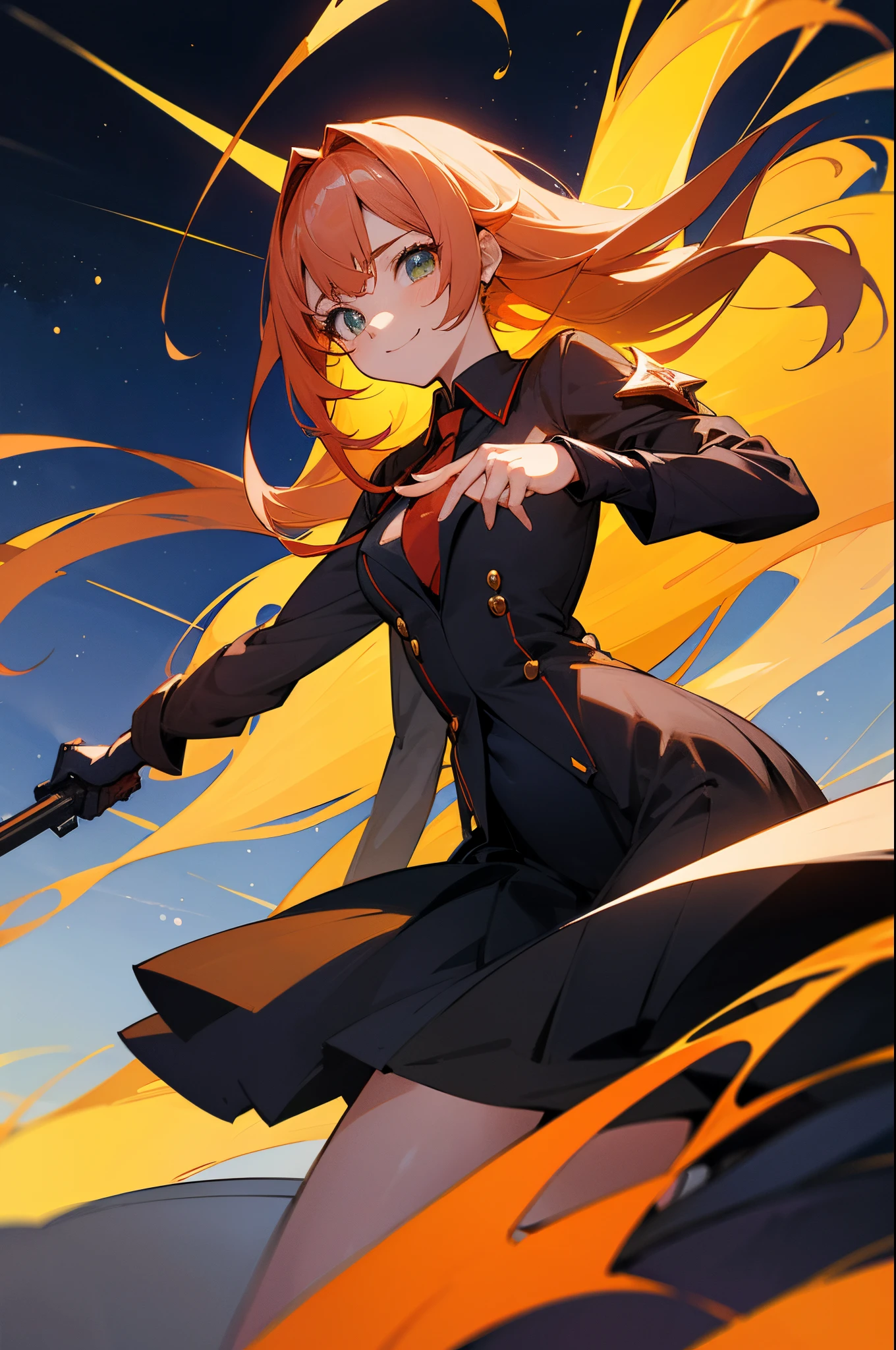 a cartoon woman in uniform holding a bow and arrow in front of her, kureha touka, 1girl, solo, teenager, 17yo, large breasts, orange pleated skirt,platinum hair, long hair, diagonal bang, gold eyes,  black blazer, pleated skirt, white things high, orange neckties, collerd shirts, ,