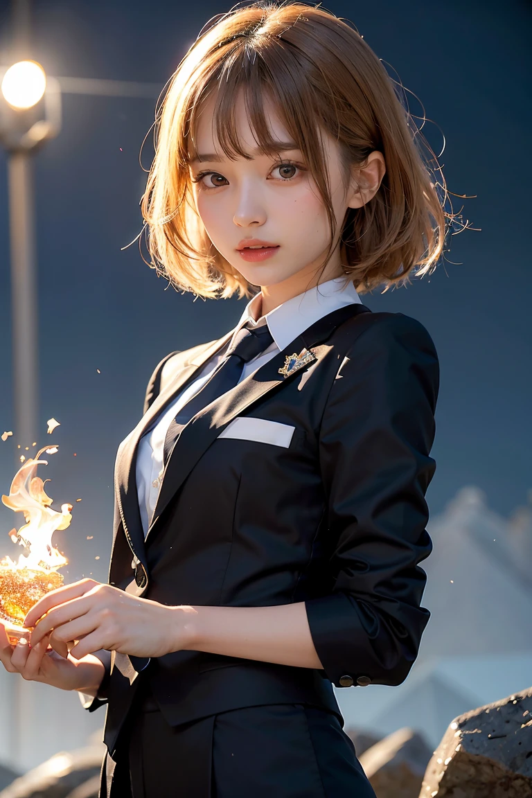 (masutepiece, Best Quality:1.2), 8K, Official art, Upper body naked、Photo of Five Fingerl&#39;s body, full body Esbian、Suit Beauty、Big Dipper in the background、star explosion、Beautiful barefoot woman with dark hair, hold a flame in your right hand、i&#39;i&#39;i&#39;i&#39;i&#39;i&#39;i&#39;I&#39;m holding a snowstorm in my left hand、Bright lava light rises above the broken Earth from beneath the asteroid belt(Jagged rock rocks and fragments shot into the air:1.3) (Storm of windy dust debris:1.1) Volume fogmist by trace Z、It can allow bright light from below to pass through、 (​masterpiece) (top-quality) (detaileds) (8K) (电影灯光) (foco nítido) (Convoluted)A dark-haired、14years、small tits、A delightful、A smile、Beautiful girl with an incredibly ridiculous upper body, Pretty Face, arching back down, Gold hair ornament on hair、Wearing a cute suit、close up, Wearing a suit, Short sleeve, gardenia, violaceaess, spaces , Looking at Viewer, Film grain, chromatic abberation, Sharp Focus, face lights, Dynamic lighting, Cinematic lighting, Eyes and faces with detailed, Bokeh background, (Tie with Emma written on it、1 copy:1.2)