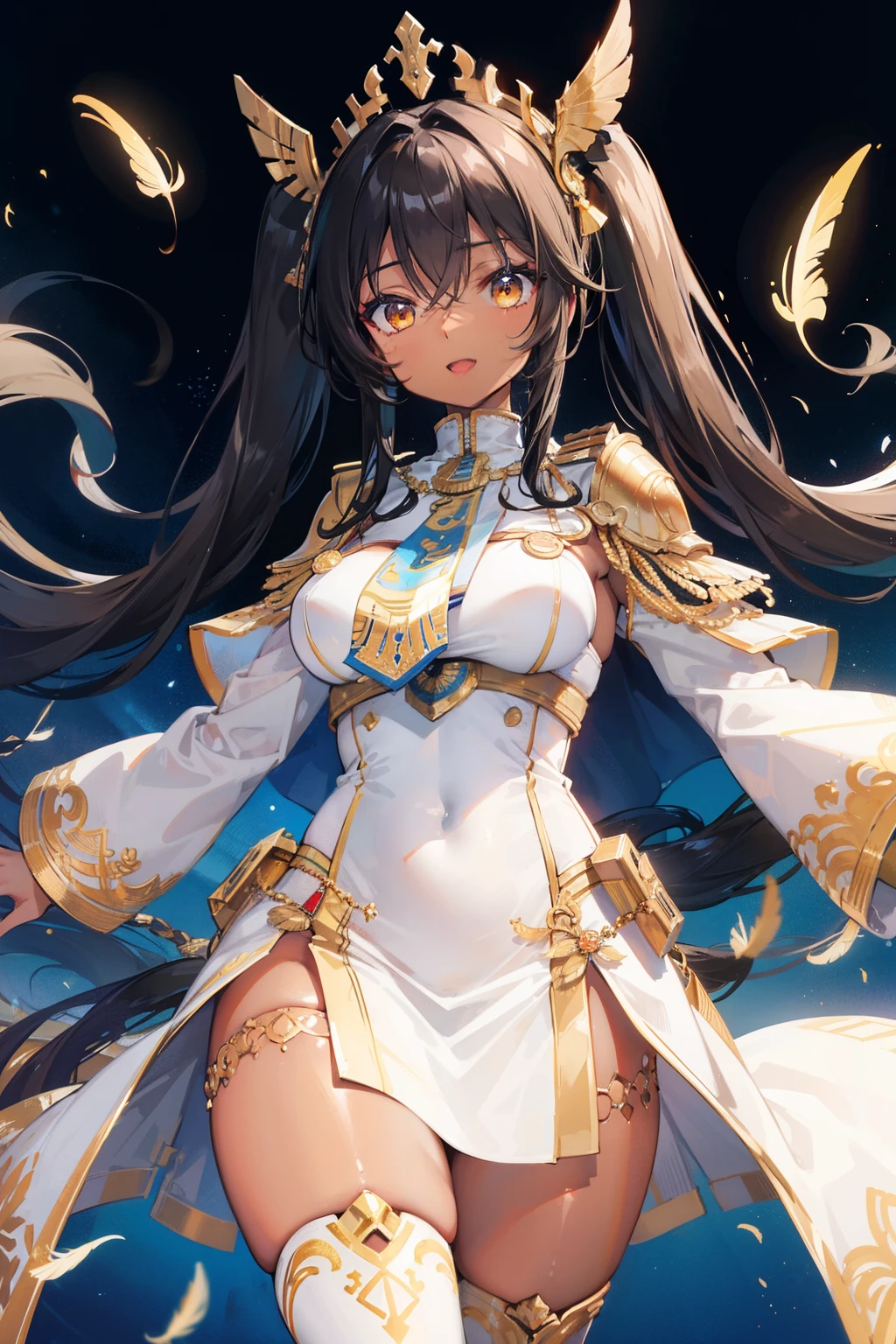(masterpiece, best quality:1.2), illustration, 8k, hd, solo, 1girl, ((tan, dark skin)), egyptian girl, long hair, twin tails, black hair, golden diadem on head, wearing white Egyptian clothes, military uniform, golden palace, cowboy shot, thigh highs, medium breasts, brown eyes, voluptuous, coat, smile, open mouth, feather motifs,