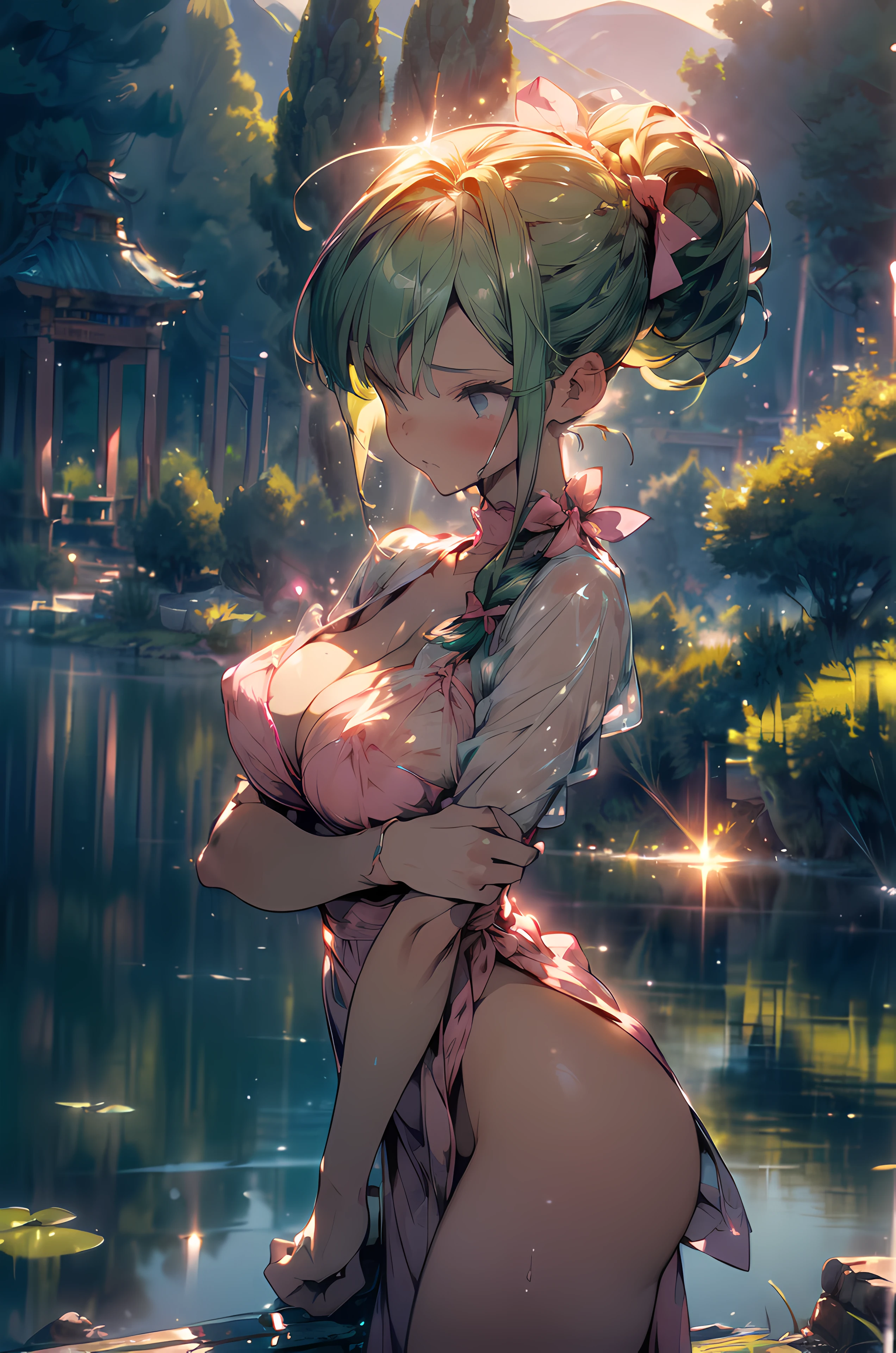 (Wariza pose)、Angle from top、(cute girl in a pink dress)、smooth translucent white skin、Light pink dress、(extremely details CG、Unity、8K Wallpapers)、(extremely delicate and beautiful)、(masterpiece)、(top-quality:1.0)、(超A high resolution:1.0)、(Precise human body structure)、(Full limbs)、(2 arms)、(2 legs)、(complete fingers)、(Slender beauty)、(Not muscular)、 ((((Expressive eyes, Perfect face, 1girl in, good breasts、round breast、Medium bust、cleavage、Pink nipples、pink areolas、Eliminate nipple protrusions、Pink dress、 Feminine, Blushing, The girl is Bulma from Dragon Ball、Hair Ribbon, braided ponytails, green colored hair、(teats:0.8)、see -through、Buttocks that stand out in a tight dress、Girls' Cats'covered with fur、clean and not hairy、clean、Not Moriman、Clear love juice drips from the crotch)))、cum on、(red blush:1.3)、There is a small shrine on a small island in the middle of the lake..、beautifully lit landscape、idyllic scenery、serene landscape、Beautiful serene landscape、amazing landscape、in a serene landscape、an amazing landscape image、dreamlike landscape、(I'm sitting in the shallows of a beautiful lake.)、Beautiful Landscapes、stunning landscape、(setting in nature)、(beautiful lake background)、Perfect view、Stunning light reflection、Beautiful Dreamy Landscape