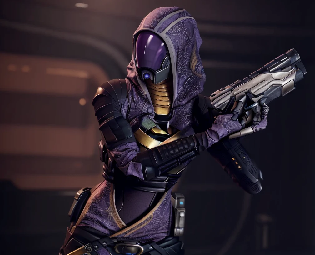 tali, 1girl, solo, hood, purple bodysuit, mask, (helmet, faceless), hood up, alien, inside, Tali'Zorah, holding a gun, mass effect fantasy, scifi woman, mass effect style, purple armor, full body portrait, 8k octae render photo, 4k render, 4 k render, hq render, dystopian bounty hunter, wearing dark purple armor, 4 k octan render, oryantalist