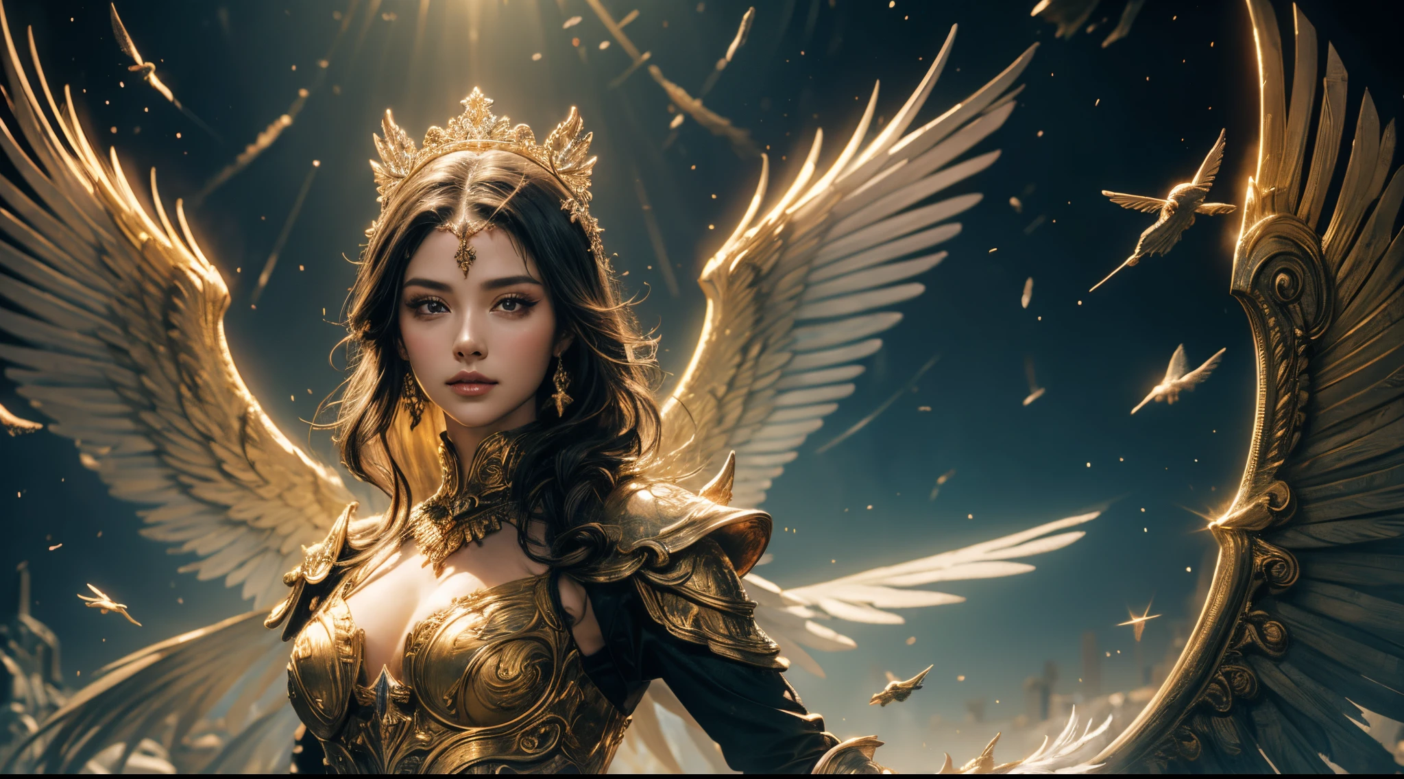 tmasterpiece,quality,Best quality,offcial art,(Beauty and aesthetics:1.2),(tmasterpiece:1.3), (8K, realistically, RAW photo quality the best: 1.4), beauitful face, (photorealiscic face),超高分辨率, ultra real photo, The content very detailed, the golden ratio, (with dynamism:1.3),(saturate:1.3),illusory engine, (high detal: 1.9),(femele:1.4),(Sexy figure),A mature woman,Overhead halo,Feathered wings,Gorgeous armor,Background greek temple,Medium portrait,theatrical,(magia),(medieval times:1.8),(Round shield:1.5)