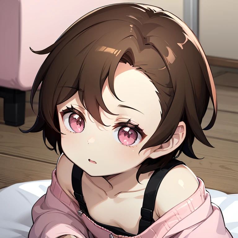 A cute young boy with VERY short hair brown coloured and pink eyes, boy haircuts/hairstyles, male, **********, ANIME STYLE, SOFT STYLE