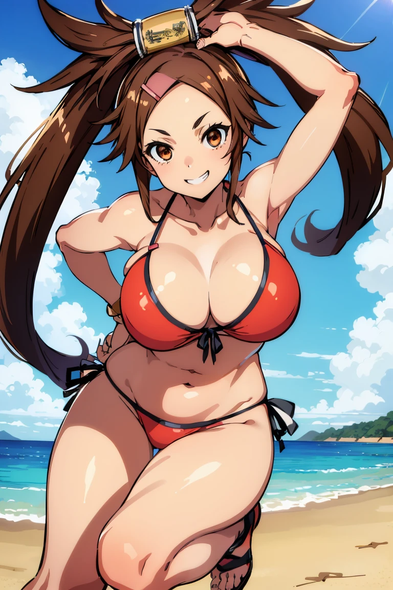 kuradoberi jam,long hair,large breasts,hair ornament,hairclip,,1girl in,Hair Ornament,Huge breasts,bikini of,Beach,Smile,grin