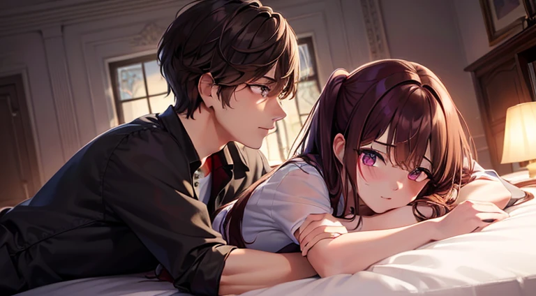 styles, ​masterpiece, top-quality, Special details, illustratio, Romance, a couple,reddish, tenderness, inner strength,a bed,natta, At night,Love atmosphere white and red tones, Blissful, Girl brown hair, Purple eyes, poneyTail, a couple, date, Profile of a man with black hair,Purple eyes,