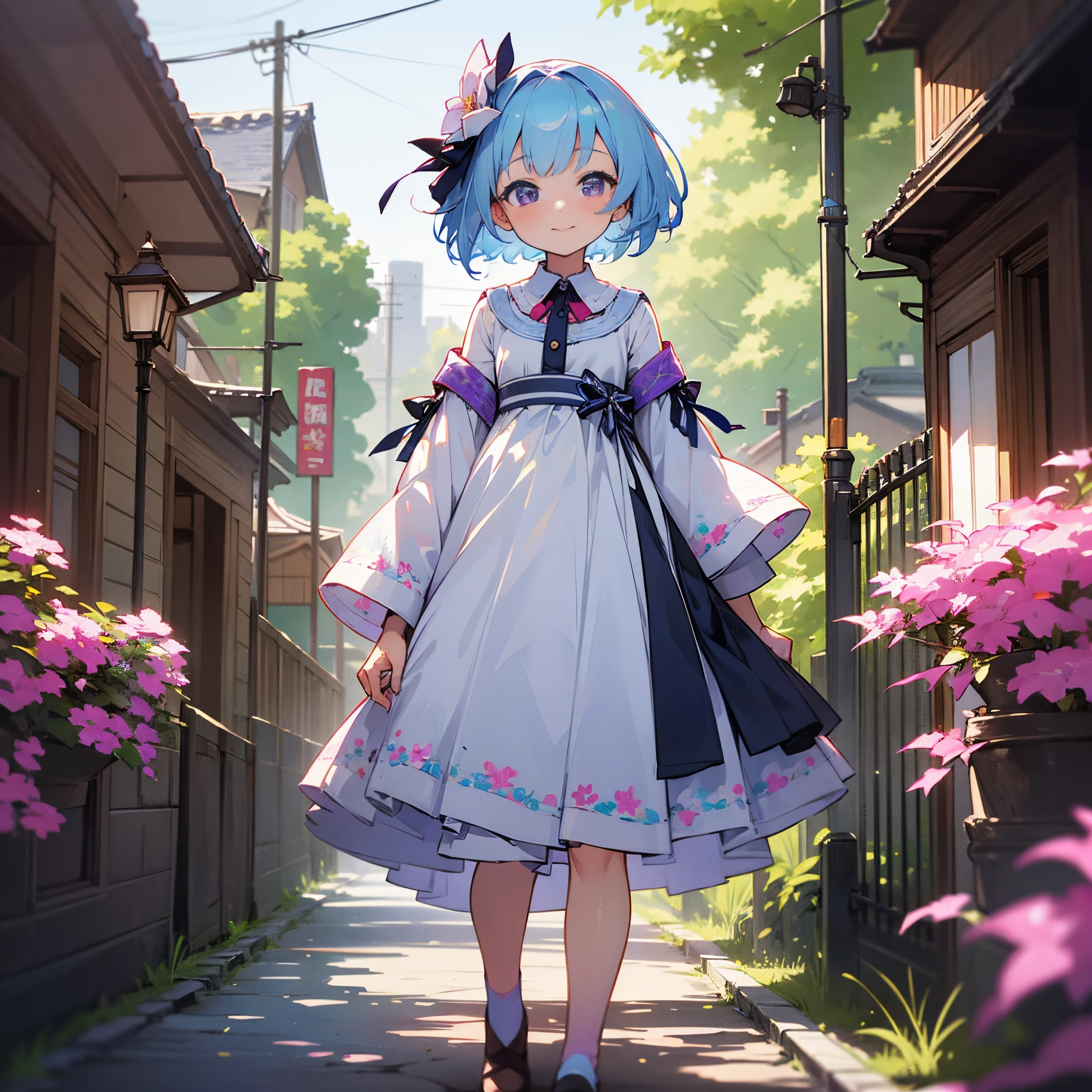1female, young child, short pale blue hair, finely detailed purple eyes, sundress, standing on path, standing in front of house, light smile, blushing, flowers, best lighting and shadows, tokyo