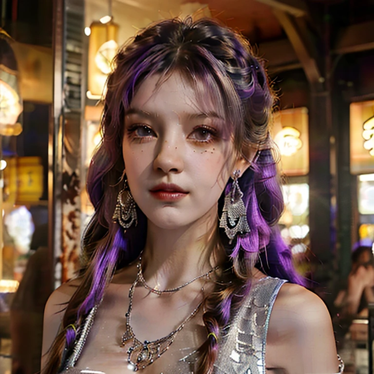 masterpiece, best quality, ultra high res,photon mapping,best shadow,portrait,beauty detail,ultra high detail,long purple hair,single braid,blunt bangs,medium breasts,city,chinatown,downtown,see through, short dress, low cut:2, hair ornament, earrings, necklace, portrait, silver dress:2, looking at viewer,solo,professional light, detailed skin,