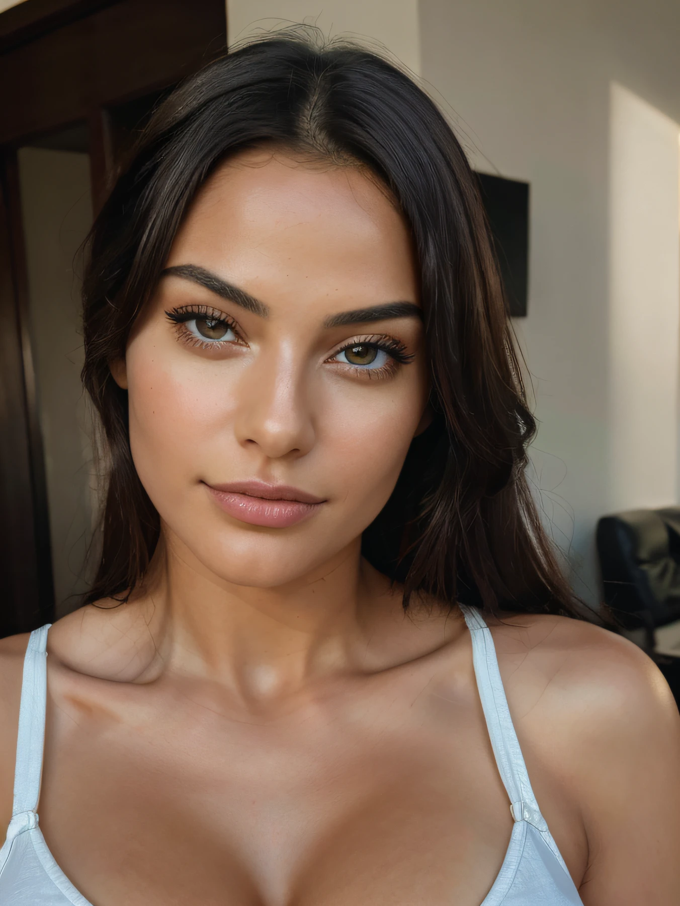 Absurd resolution, high resolution, (masterpiece: 1.4), hyper-detail, hyper-realistic, beautiful araffed woman in sexy, light portrait, Instagram model, cleavage, beautiful latin face, beautiful body and face, beautiful woman, beautiful and detailed body and face, beautiful face and figure, natural makeup, photorealistic, RAW, skin texture, film grain, best shadow, selfie, 55mm, ultra HD, film grain