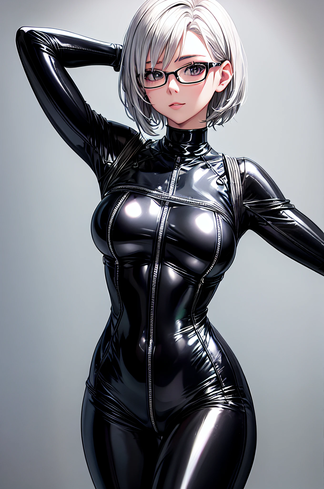 5 8K UHD、A beauty with short silver hair and glasses、Black metallic latex sweatsuit posing with open legs、black metallic latex sweatsuit with hidden skin