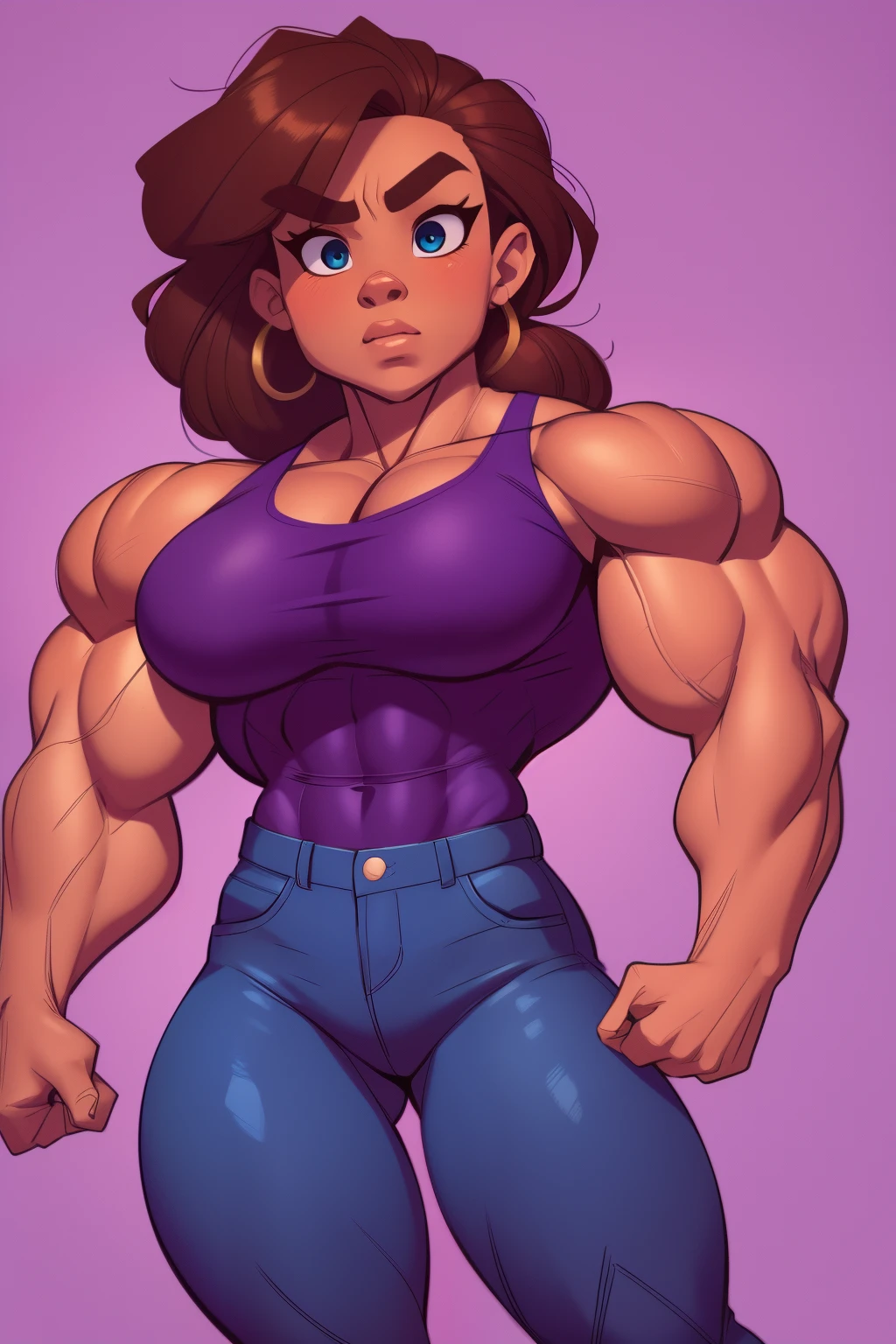 muscle girl with High cheekbones and a strong jawlineflexing muscles wearing purple muscle shirt and light blue jeans with fists on hips, her hair a rich chestnut brown, giving her a dynamic and youthful appearance, muscle woman, big muscles, huge muscles, massive muscles, muscle girl, bronze skin, Her facial features are a mix of determination and kindness, with expressive eyes that radiate a sense of adventure